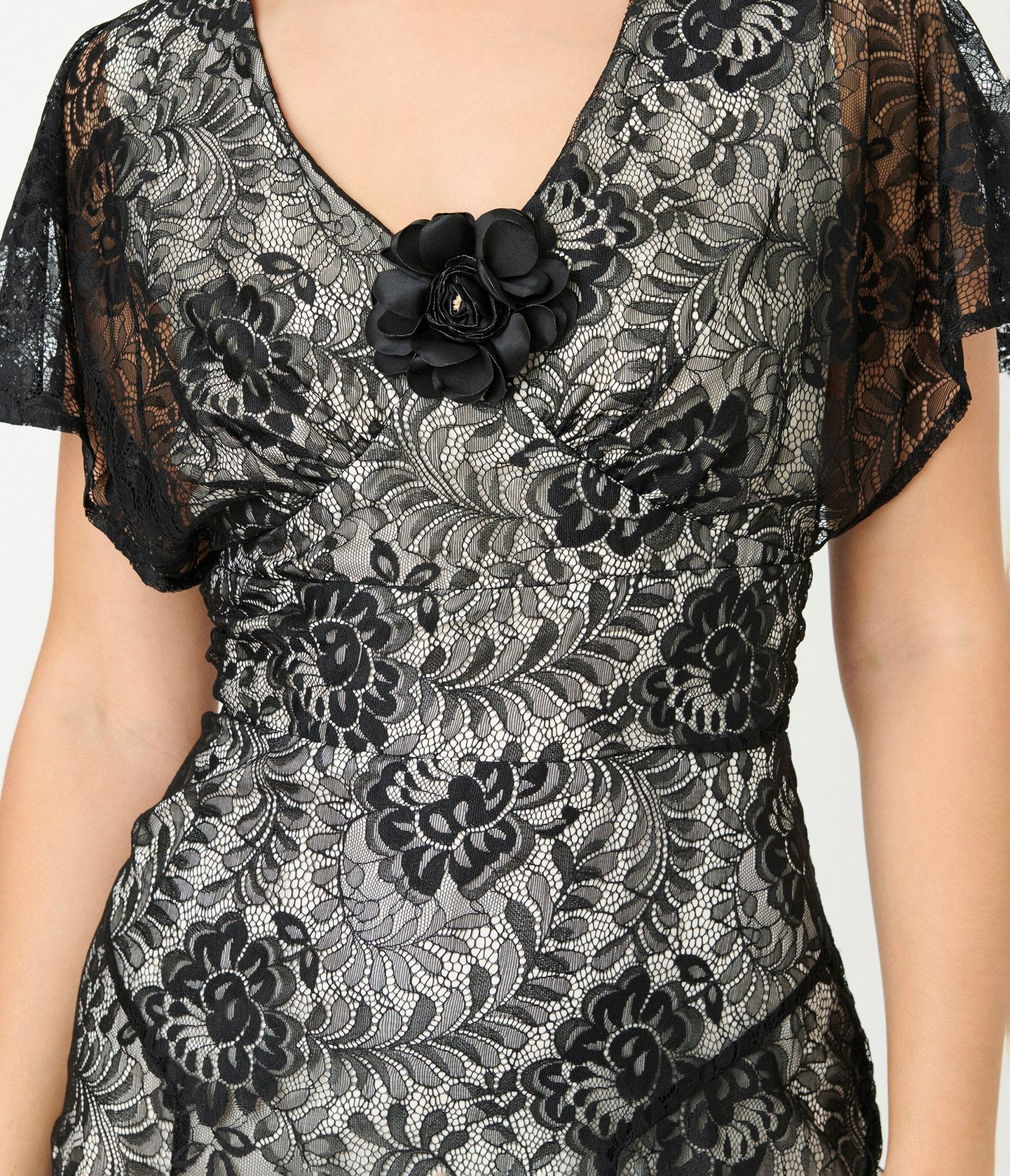 Unique Vintage Black Lace & Nude Lining Flutter Sleeve Gown - Image 4