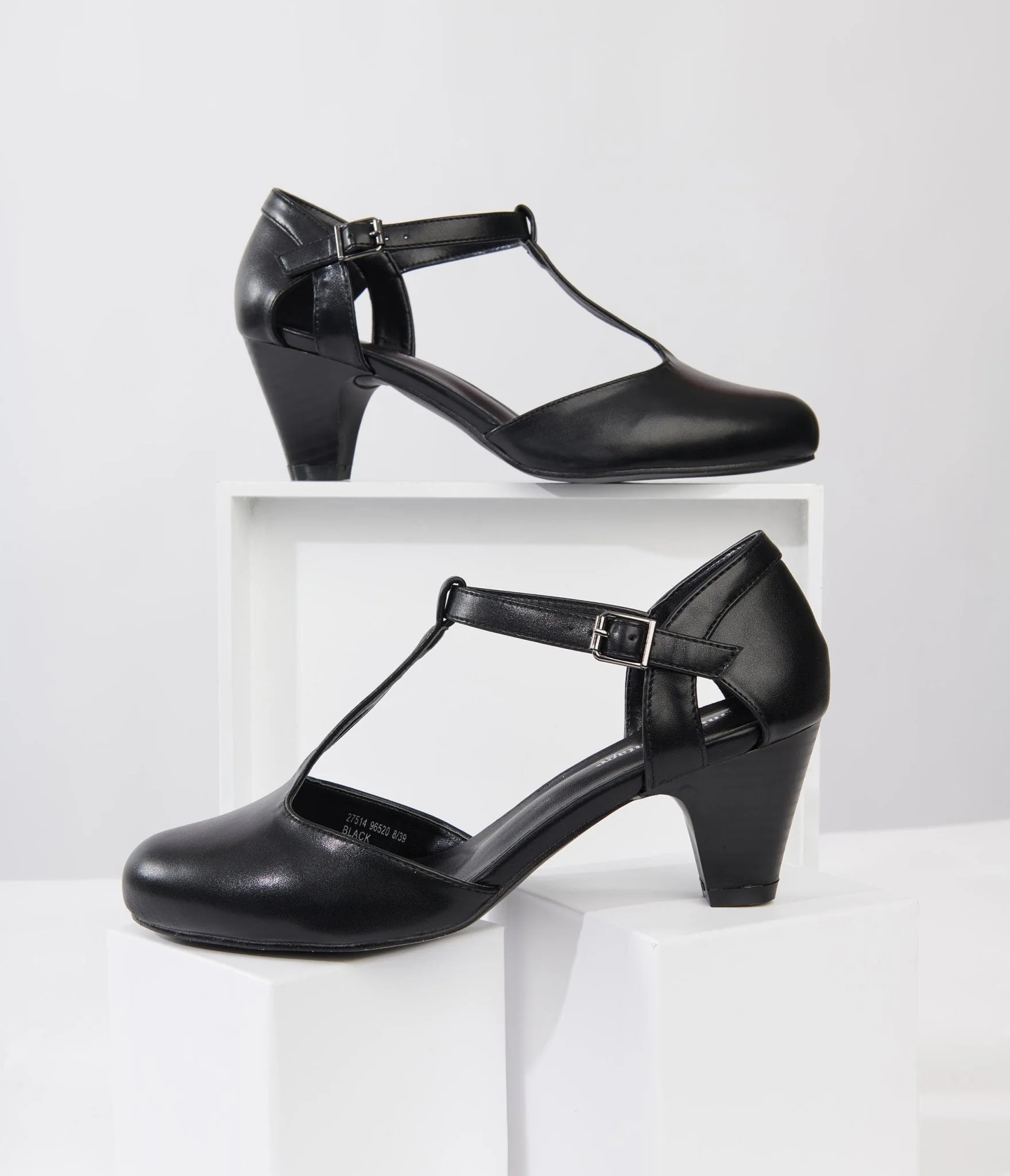 Unique Vintage 1920s Black Leatherette Closed Toe T-Strap Roxy Pumps - Image 2