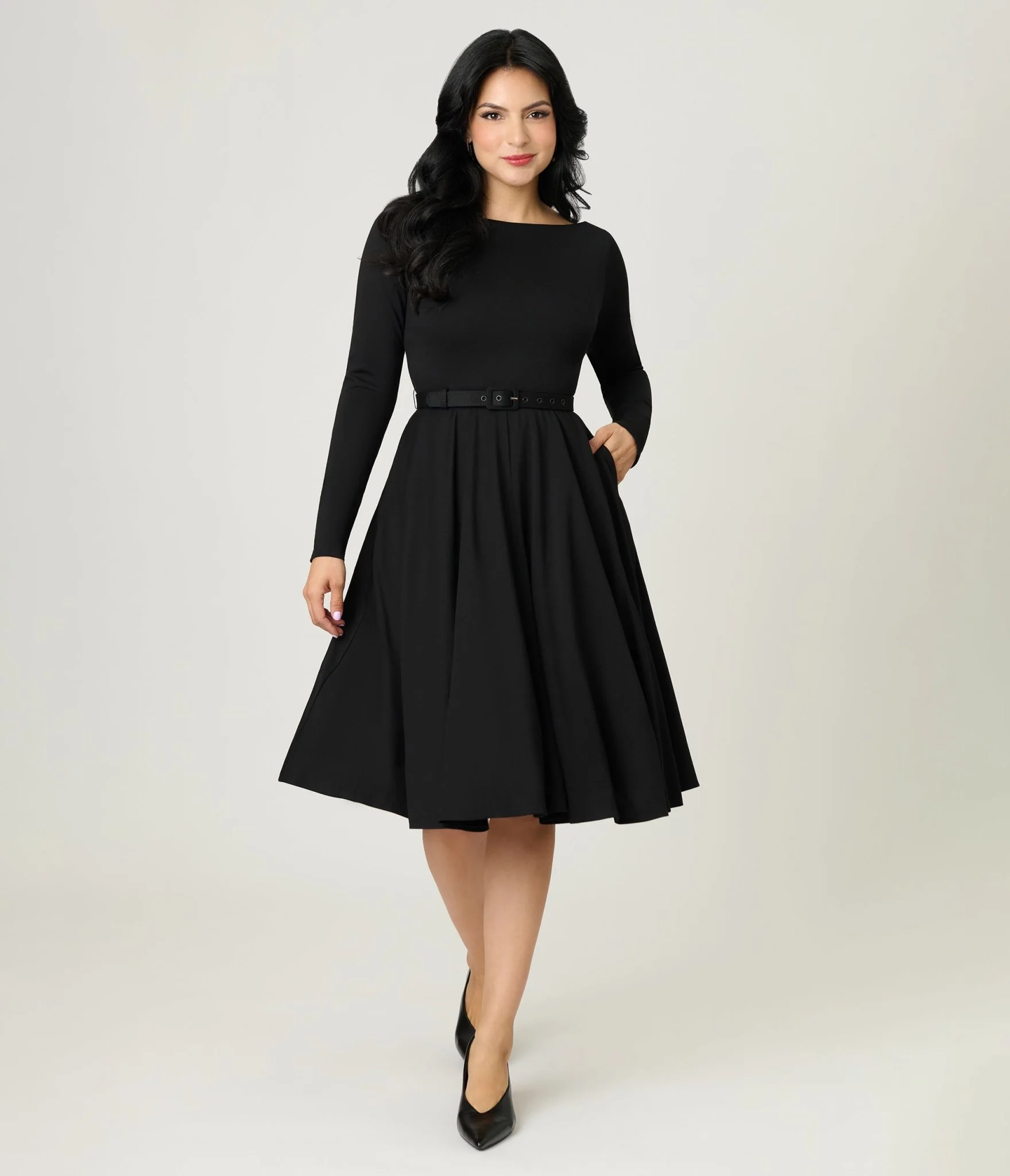 Unique Vintage Black Long Sleeve Devon Swing Dress - Image 4