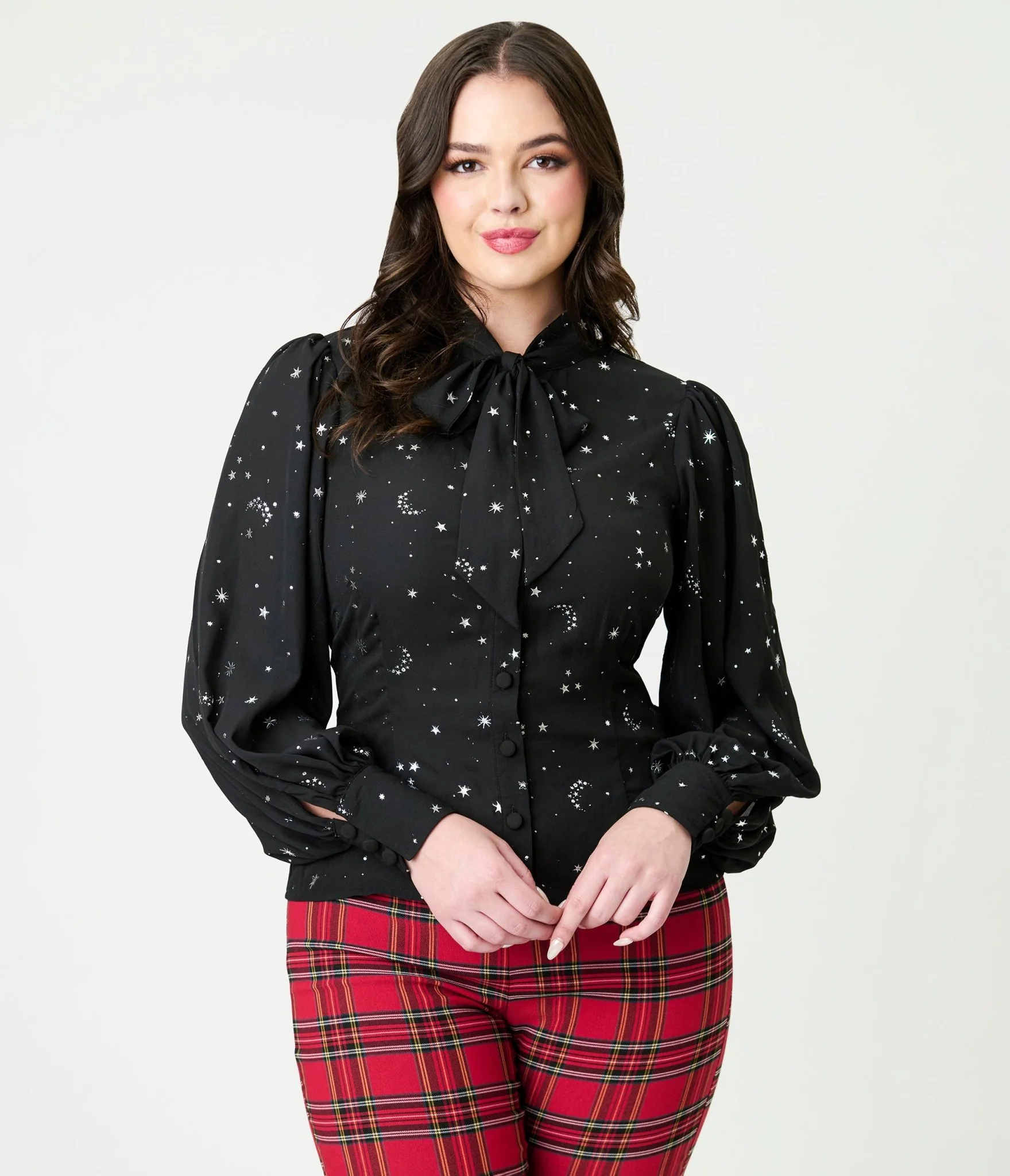 Unique Vintage Black Moon & Star Silver Foil Print Gwen Blouse - Image 3