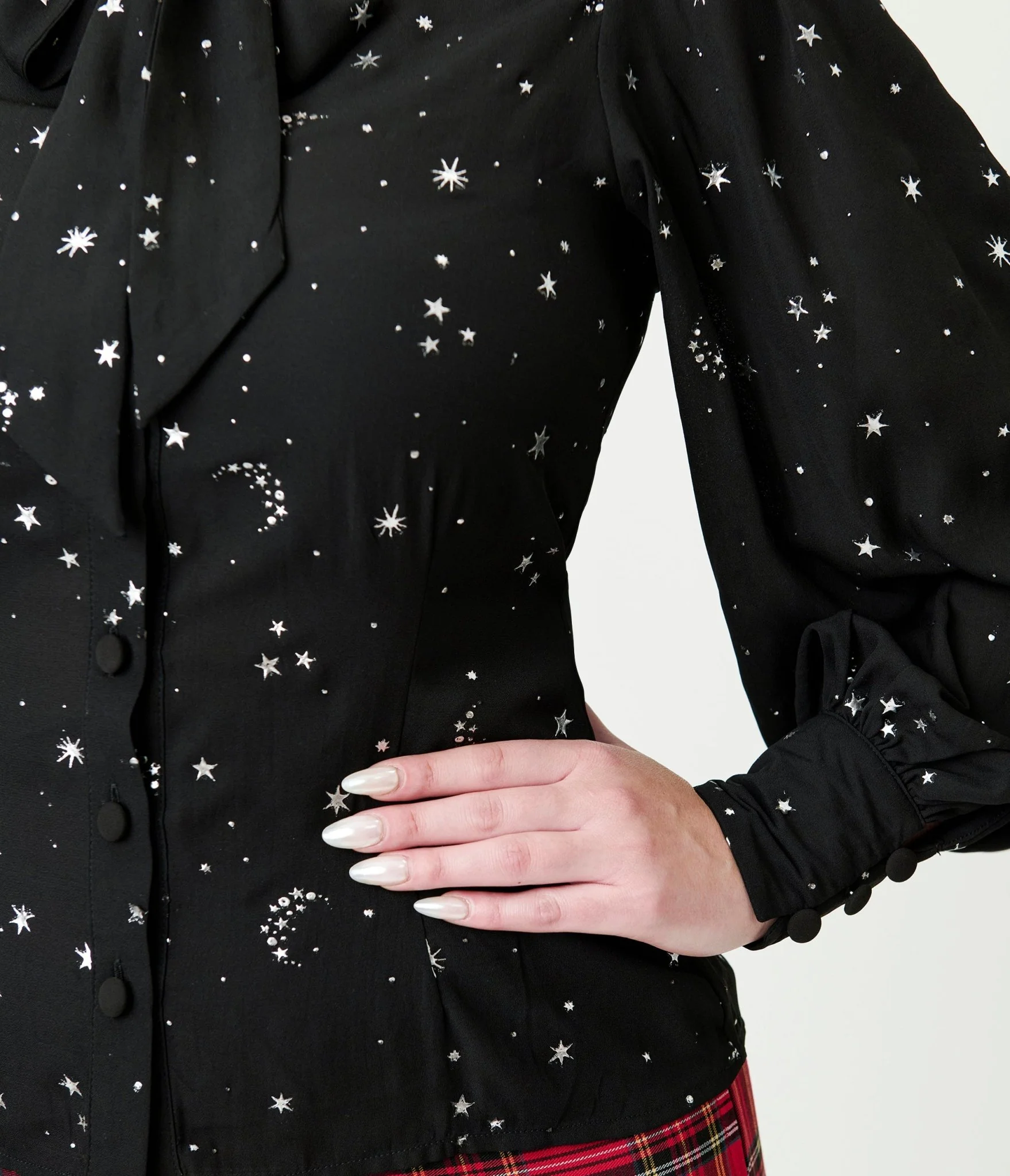 Unique Vintage Black Moon & Star Silver Foil Print Gwen Blouse - Image 5
