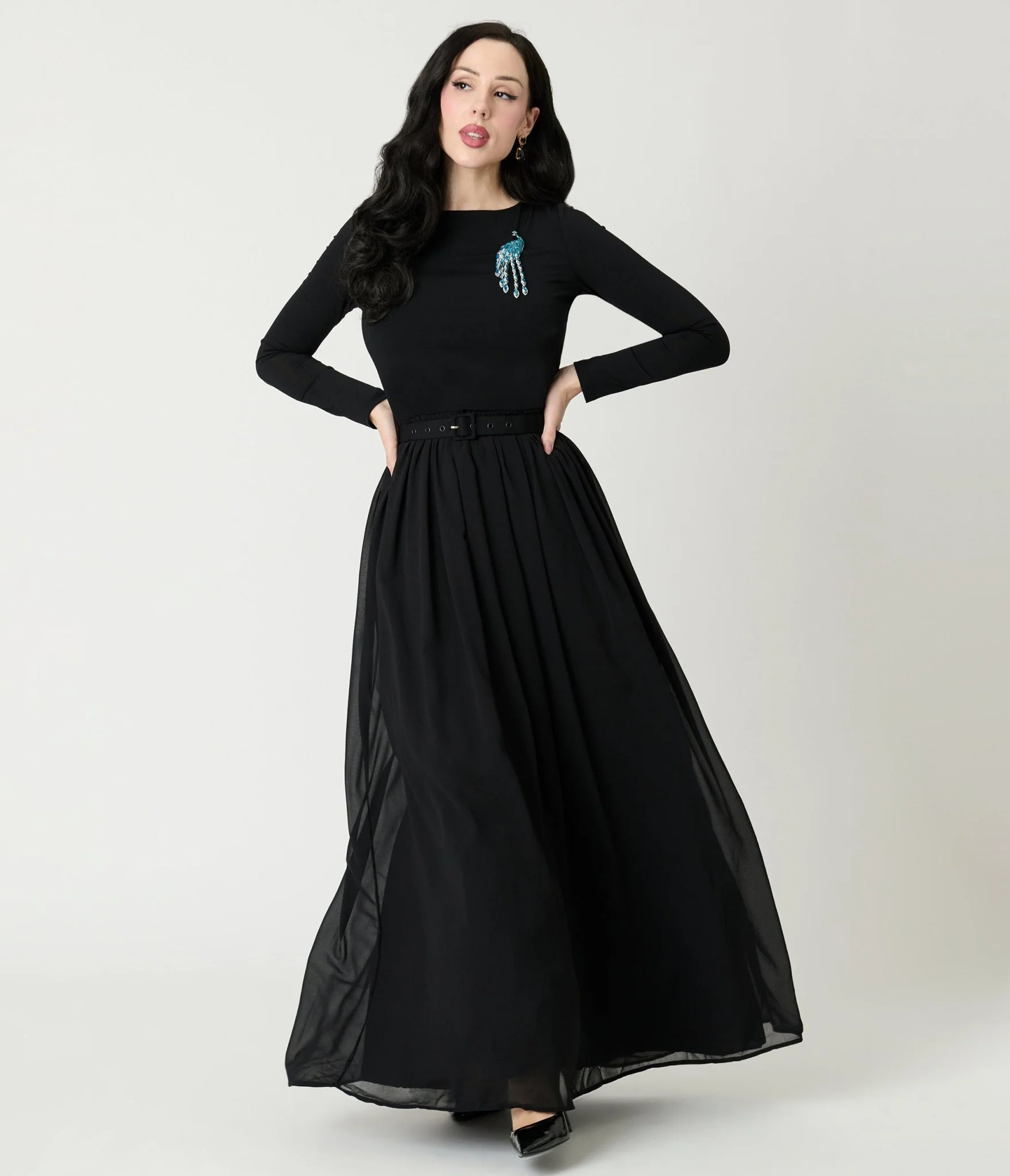 Unique Vintage Black & Peacock Brooch Maxi Dress