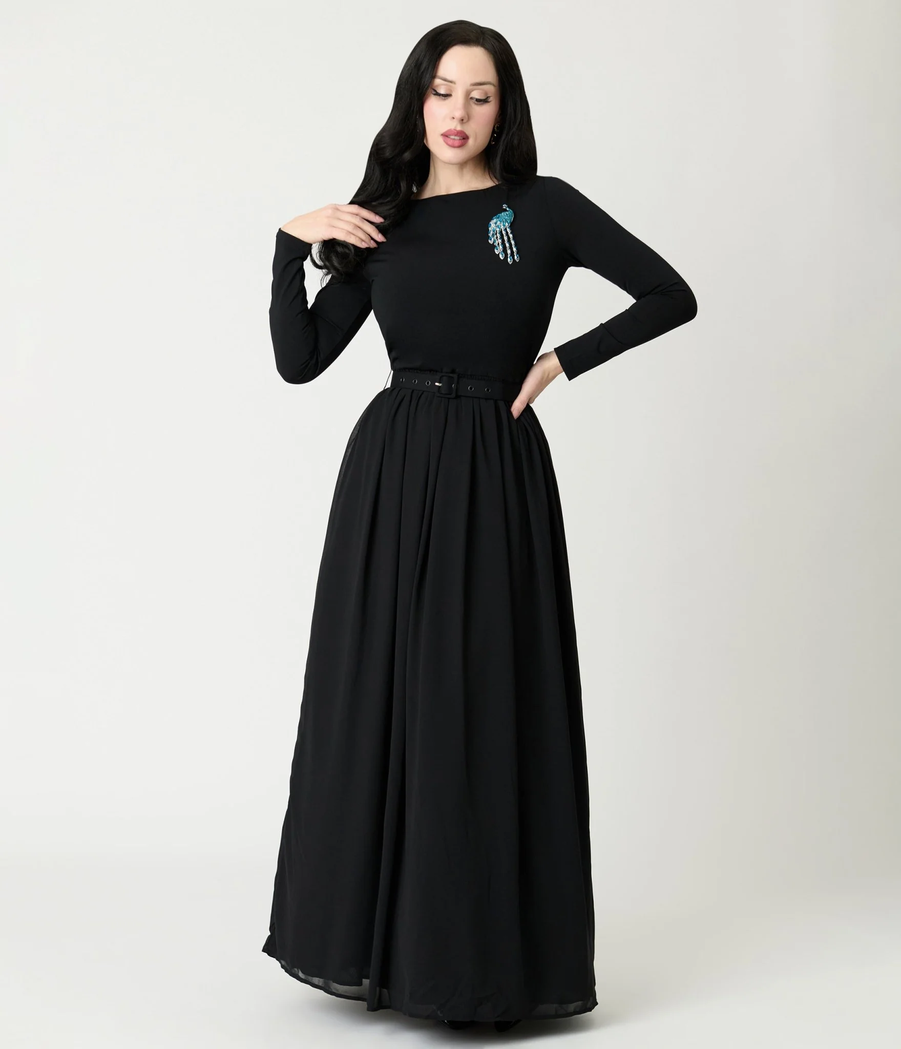 Unique Vintage Black & Peacock Brooch Maxi Dress - Image 3