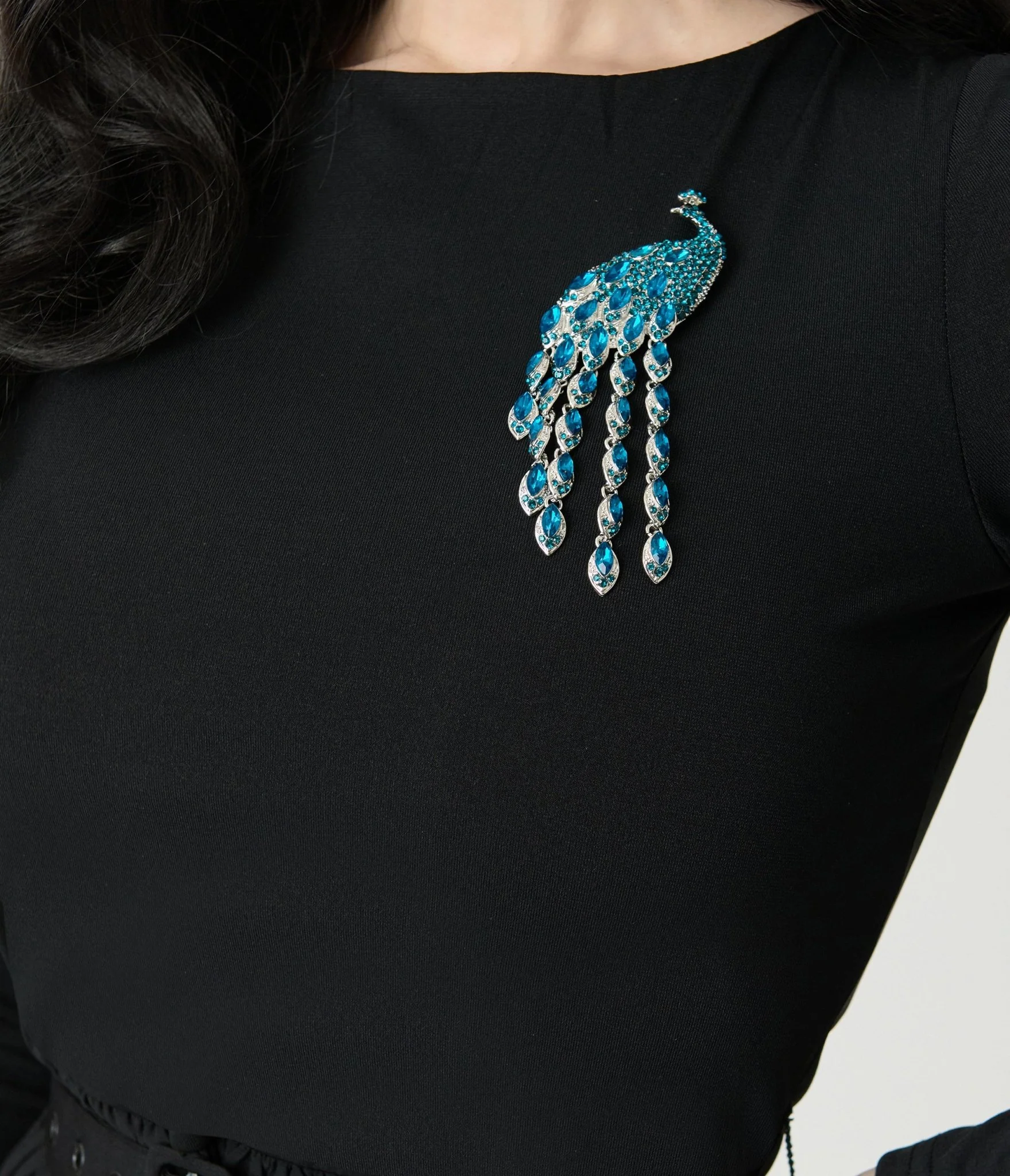 Unique Vintage Black & Peacock Brooch Maxi Dress - Image 5
