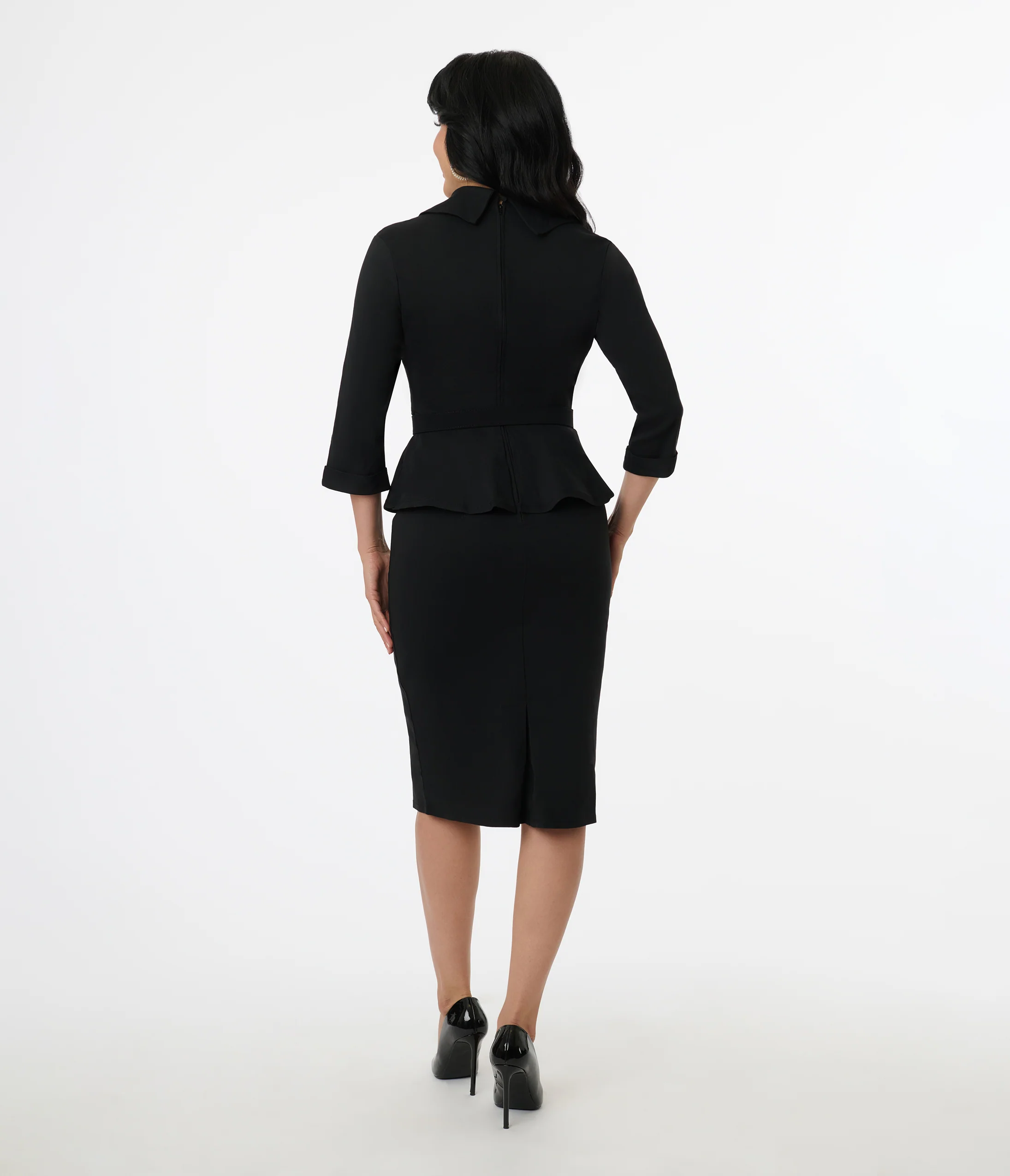 Unique Vintage Black Peplum Cooper Suit Pencil Dress - Image 3
