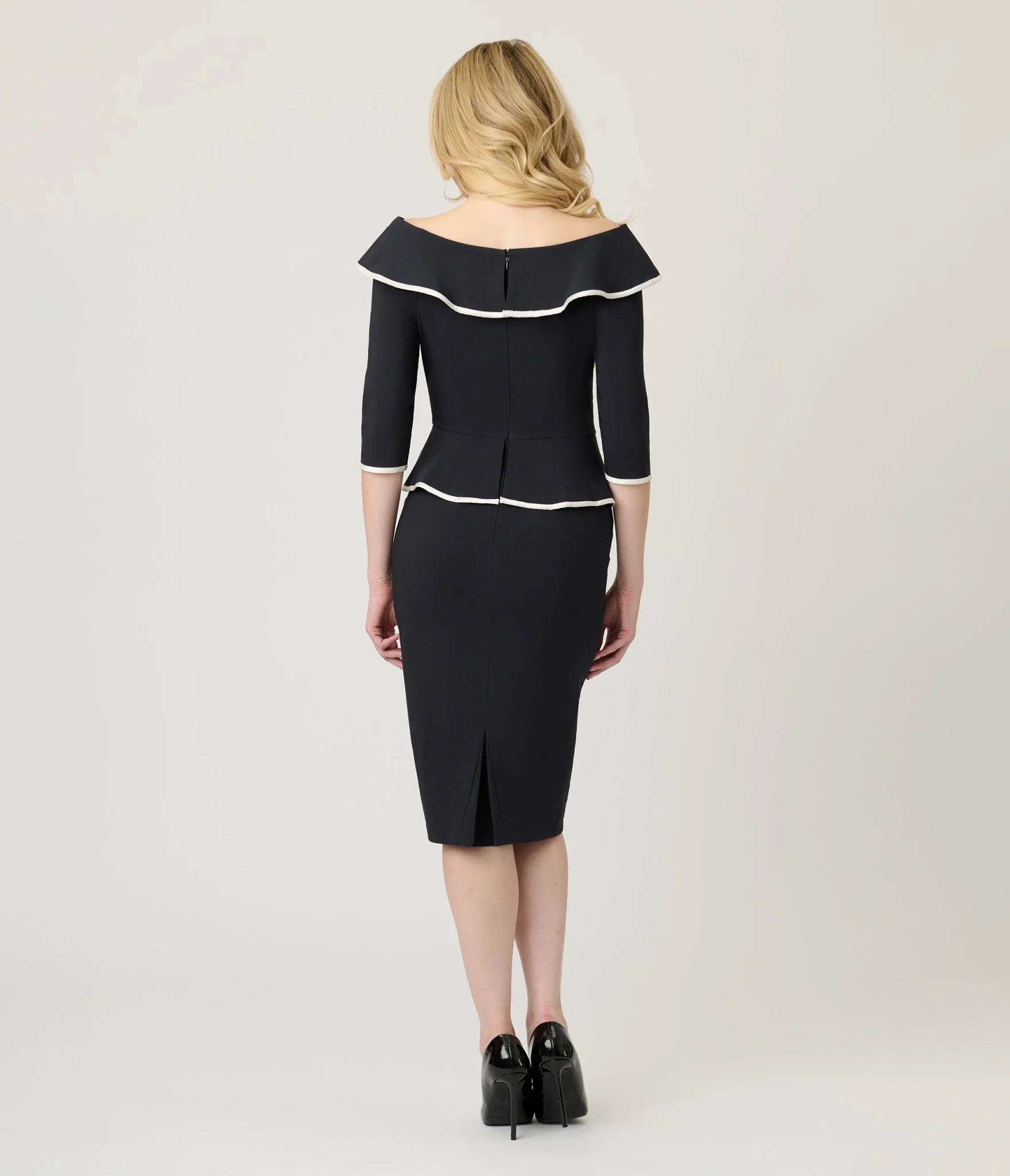 Unique Vintage Black Peplum Suit Pencil Dress - Image 2
