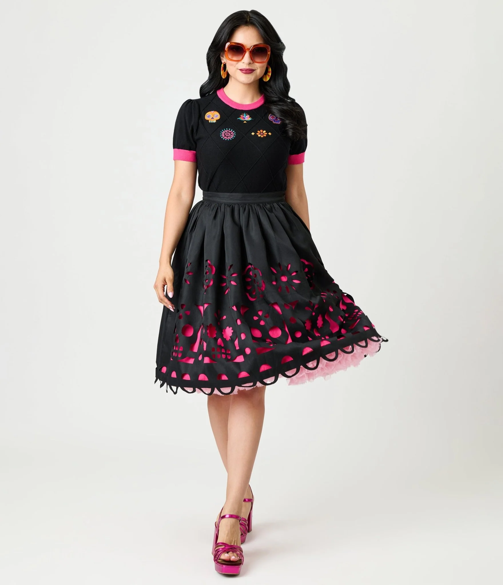 Unique Vintage Black & Pink Day of the Dead Skull Cutout Swing Skirt
