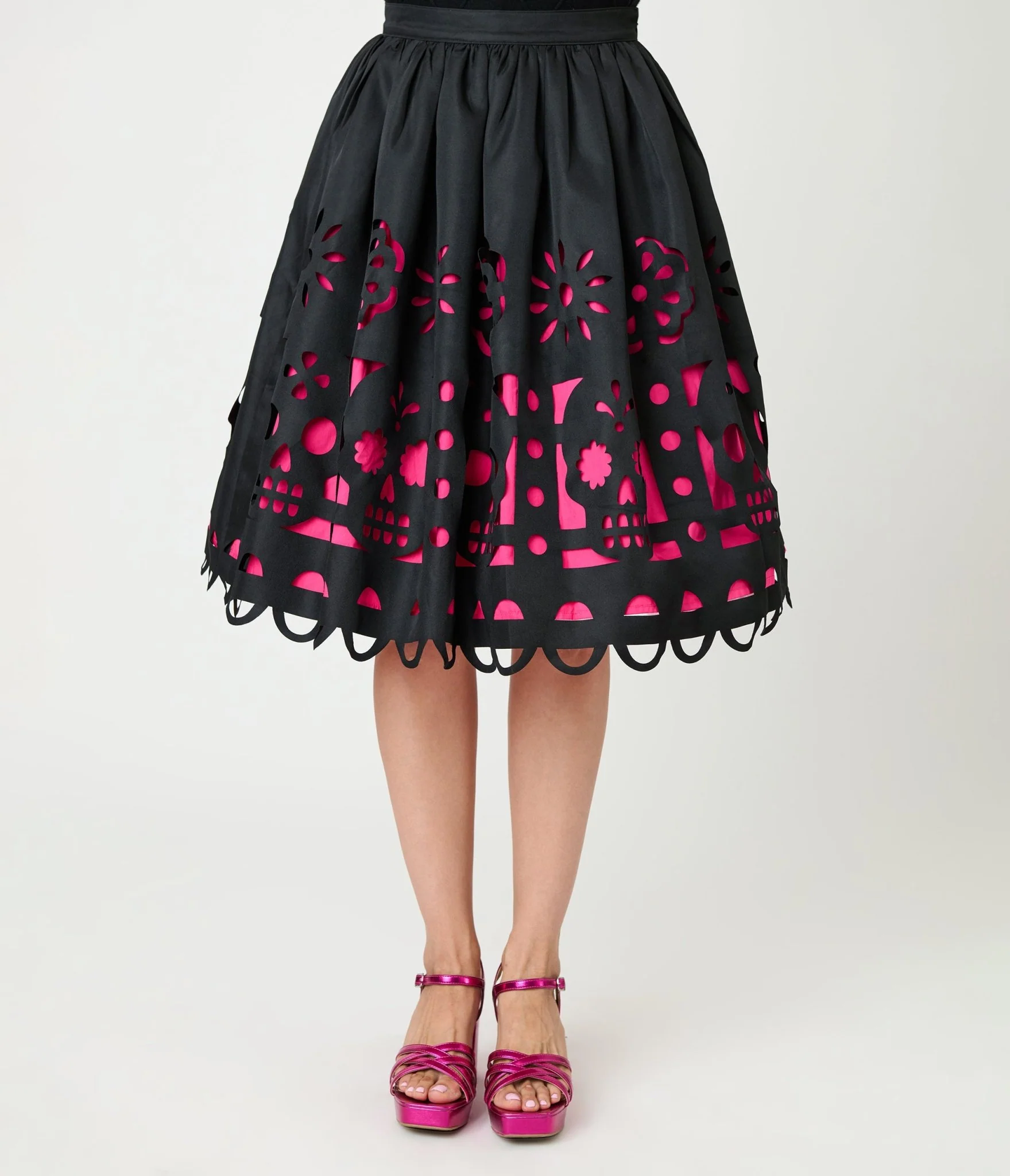 Unique Vintage Black & Pink Day of the Dead Skull Cutout Swing Skirt - Image 2