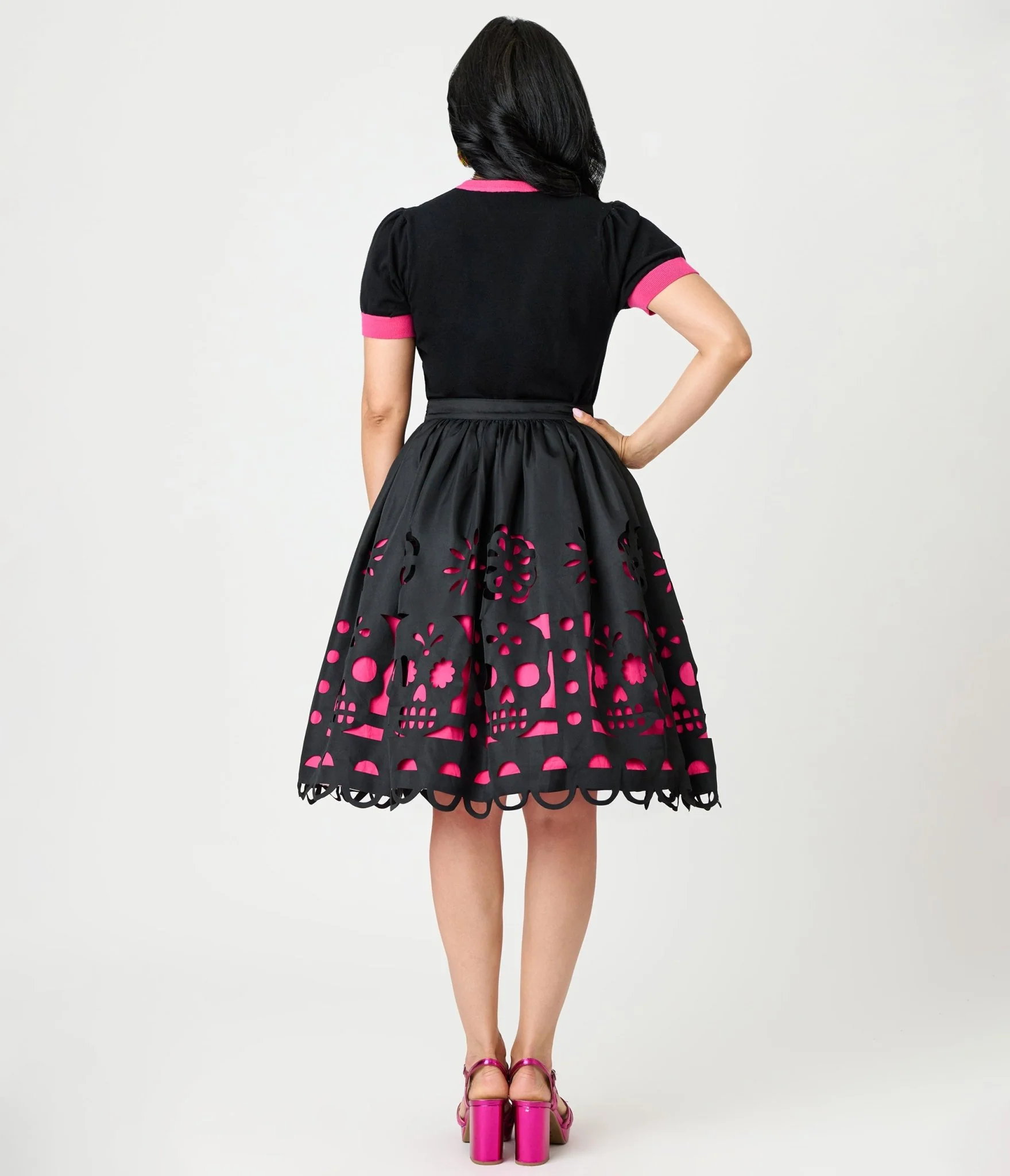 Unique Vintage Black & Pink Day of the Dead Skull Cutout Swing Skirt - Image 3
