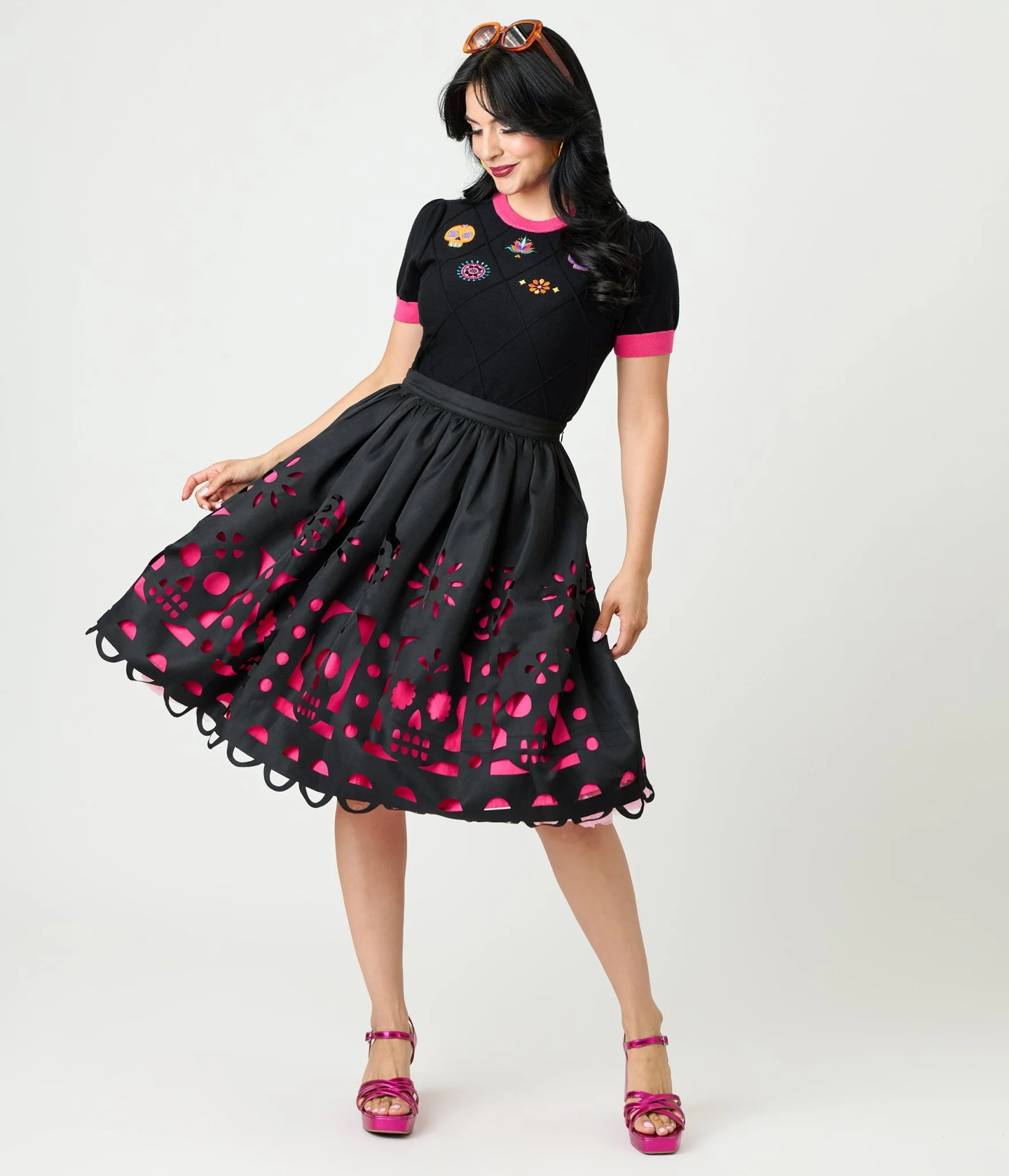 Unique Vintage Black & Pink Day of the Dead Skull Cutout Swing Skirt - Image 4