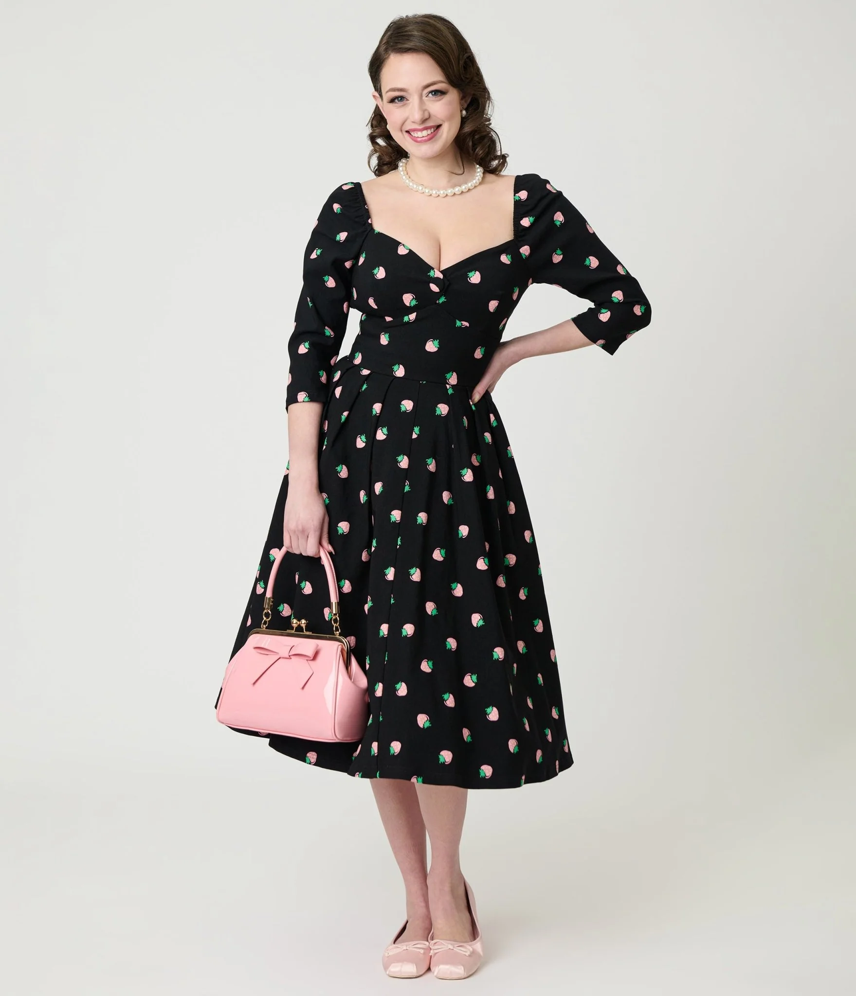 Unique Vintage Black & Pink Strawberry Lamar Swing Dress - Image 3