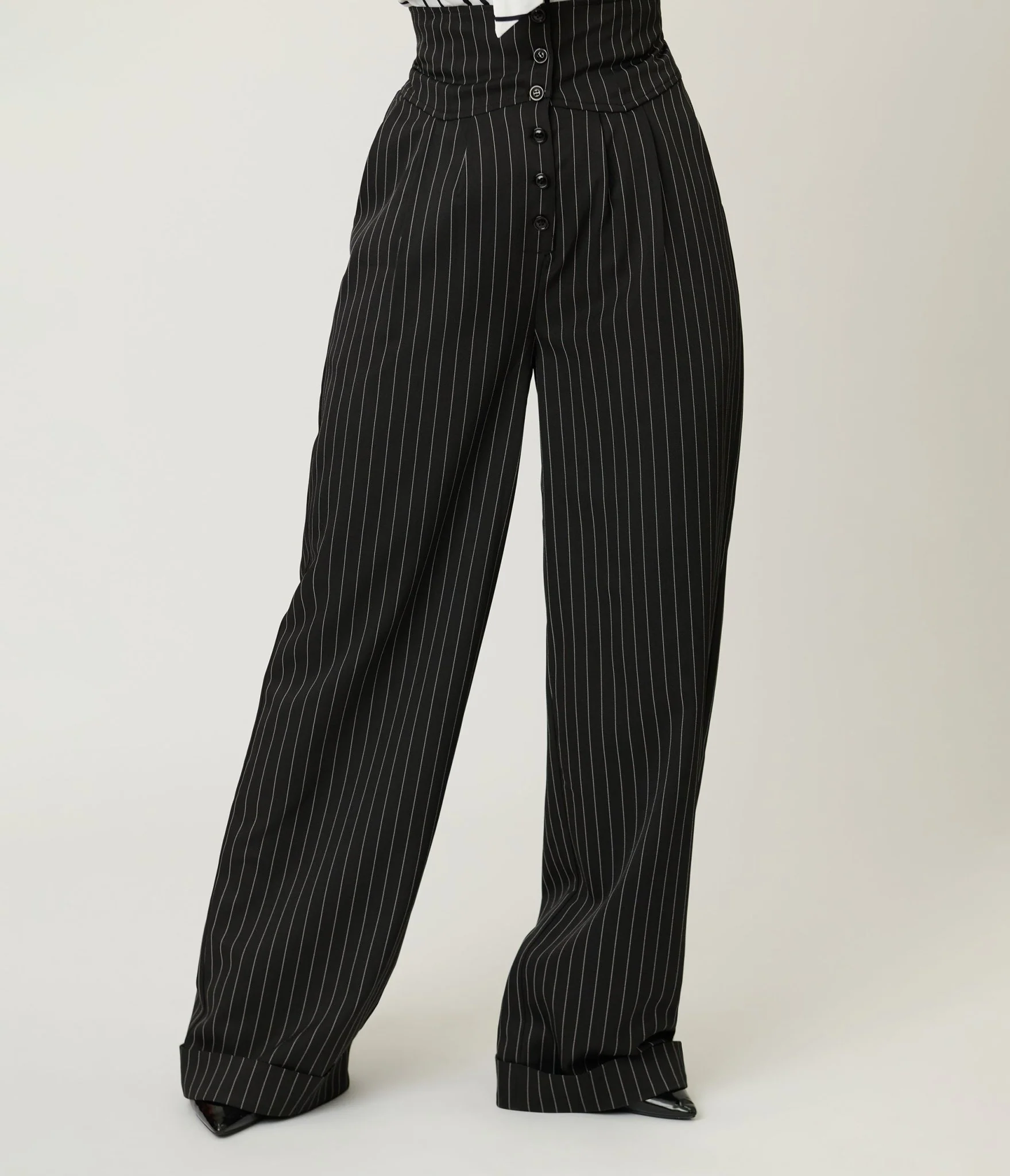 Unique Vintage Black Pinstripe High Waist Trousers - Image 2