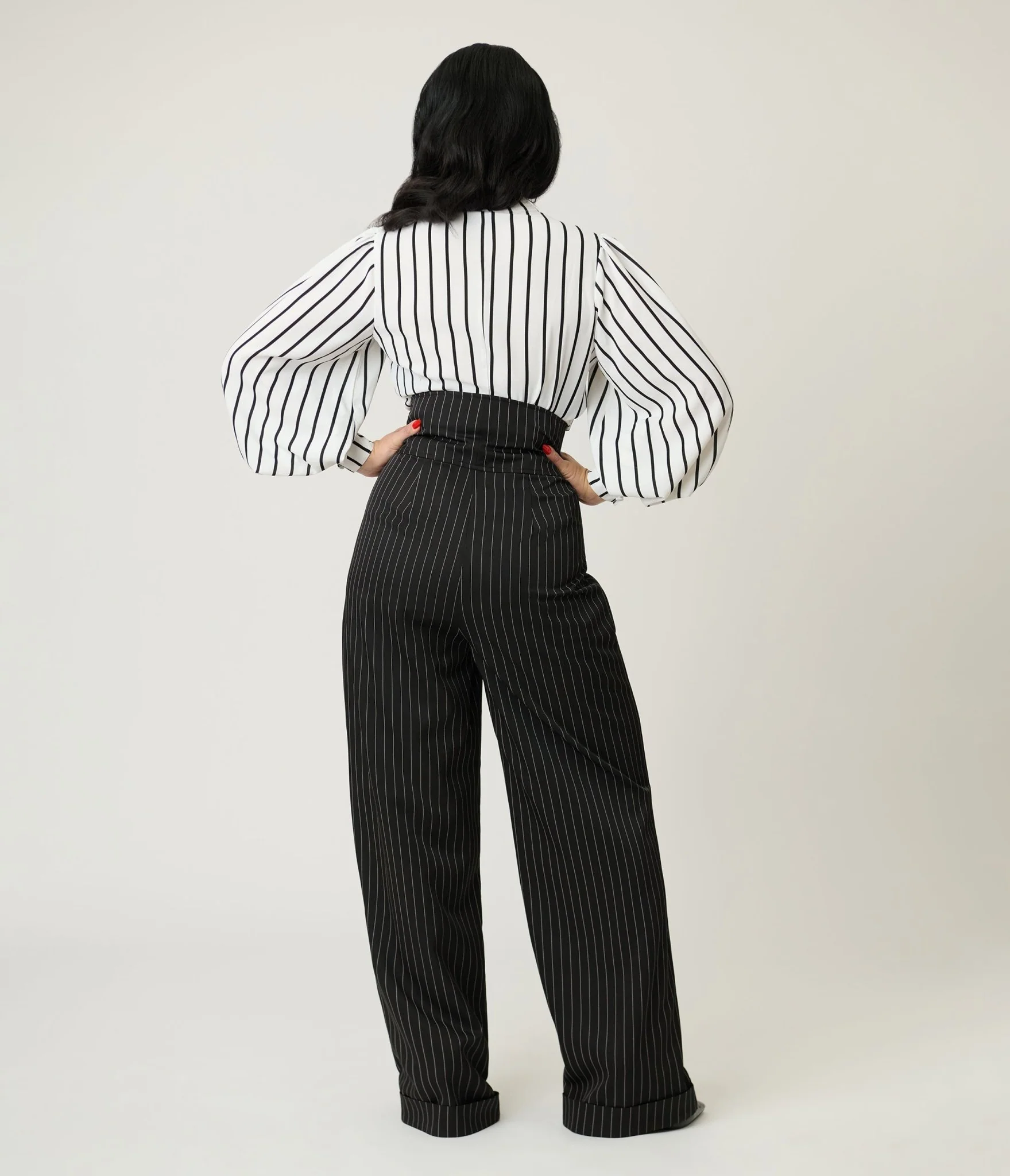 Unique Vintage Black Pinstripe High Waist Trousers - Image 3