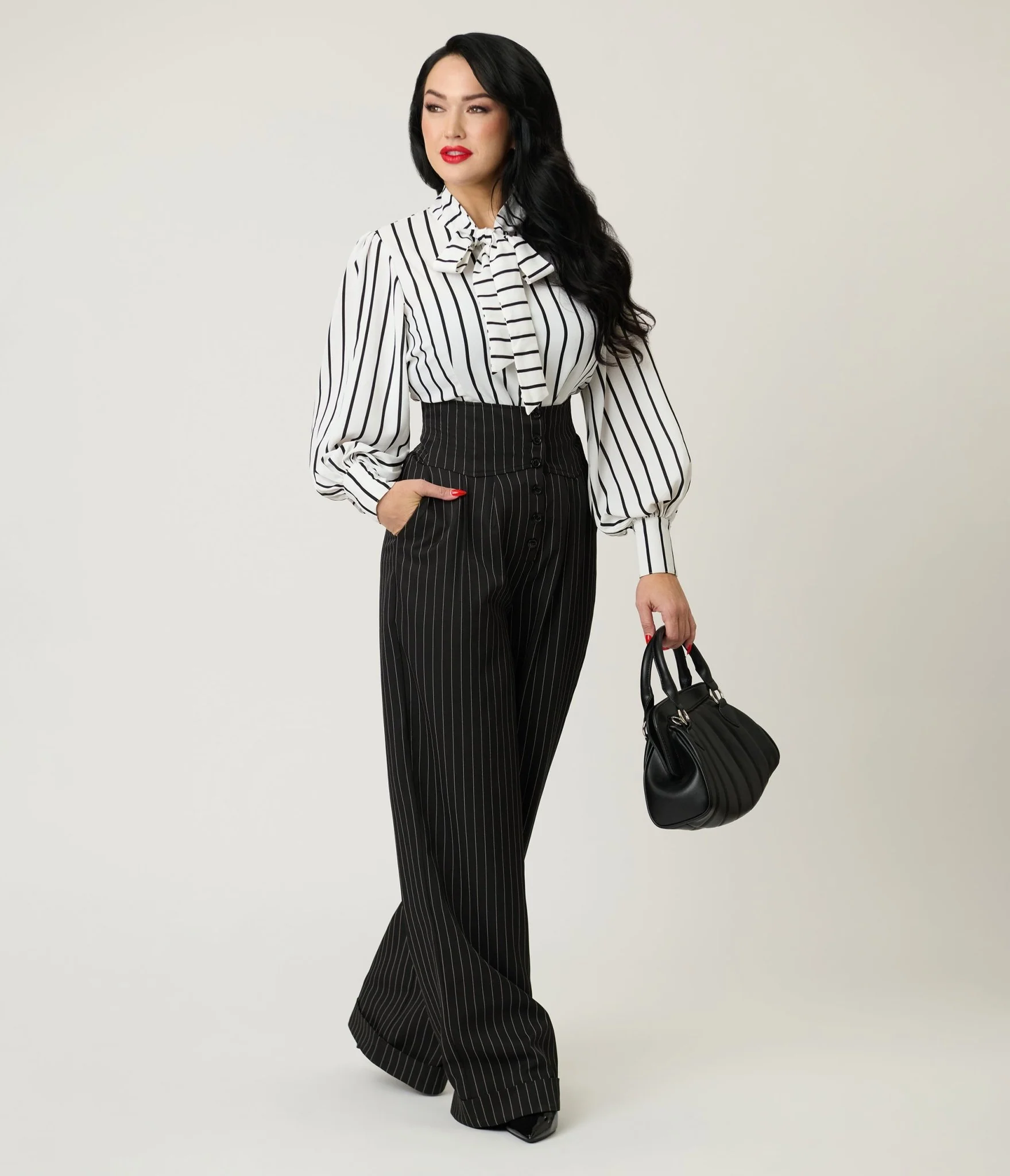 Unique Vintage Black Pinstripe High Waist Trousers - Image 4