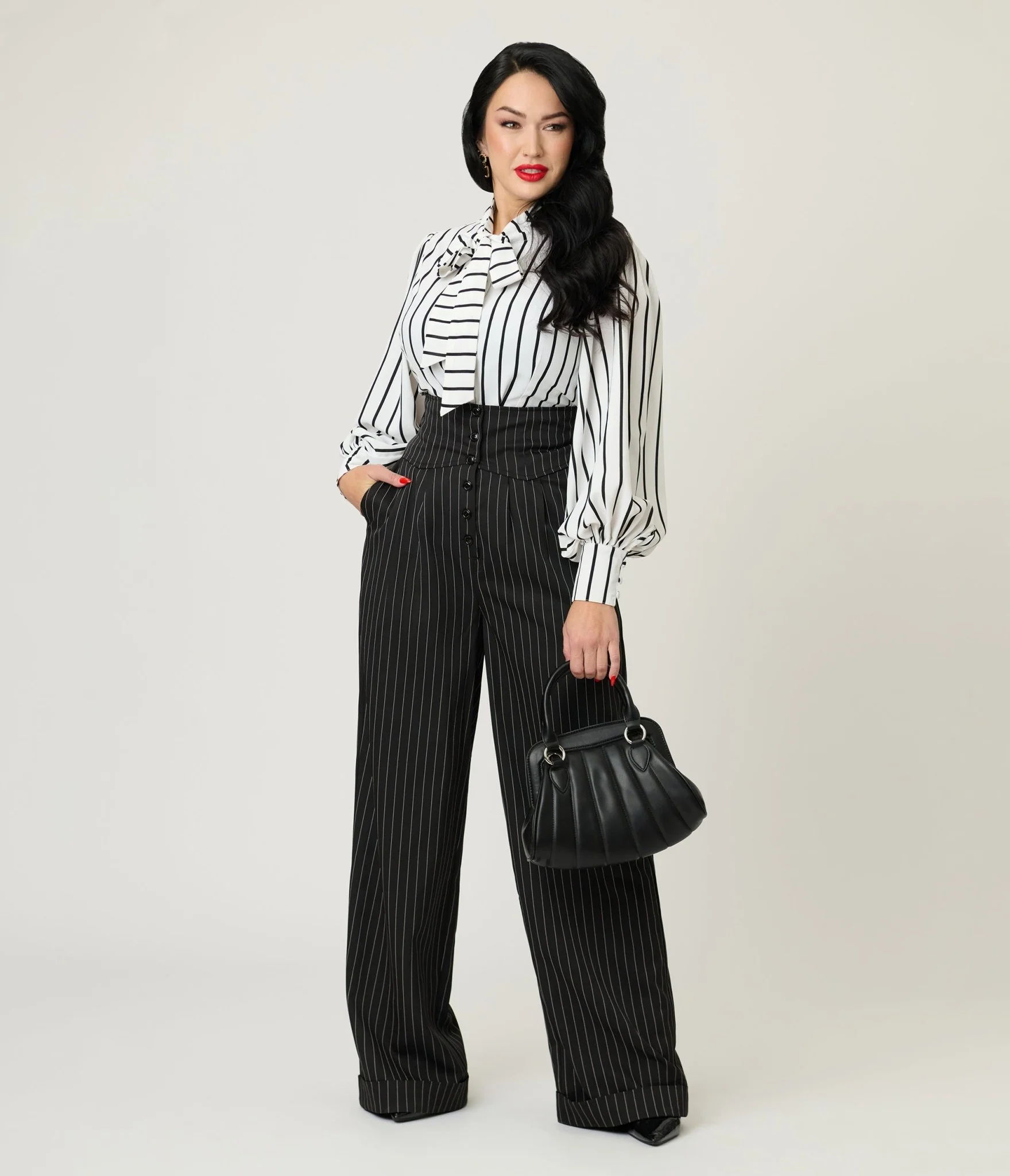 Unique Vintage Black Pinstripe High Waist Trousers - Image 5