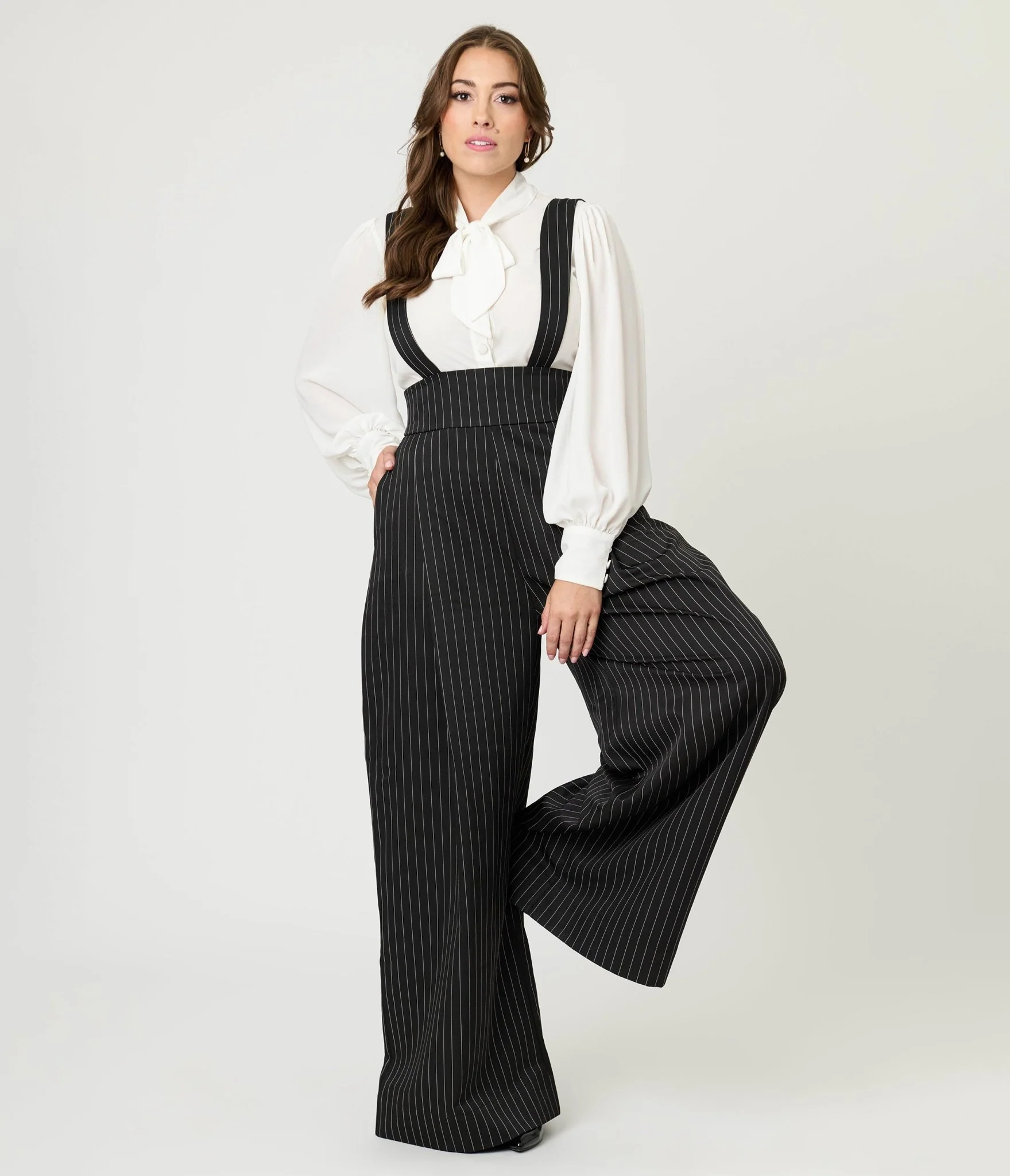 Unique Vintage Black Pinstripe Rochelle Suspender Pants