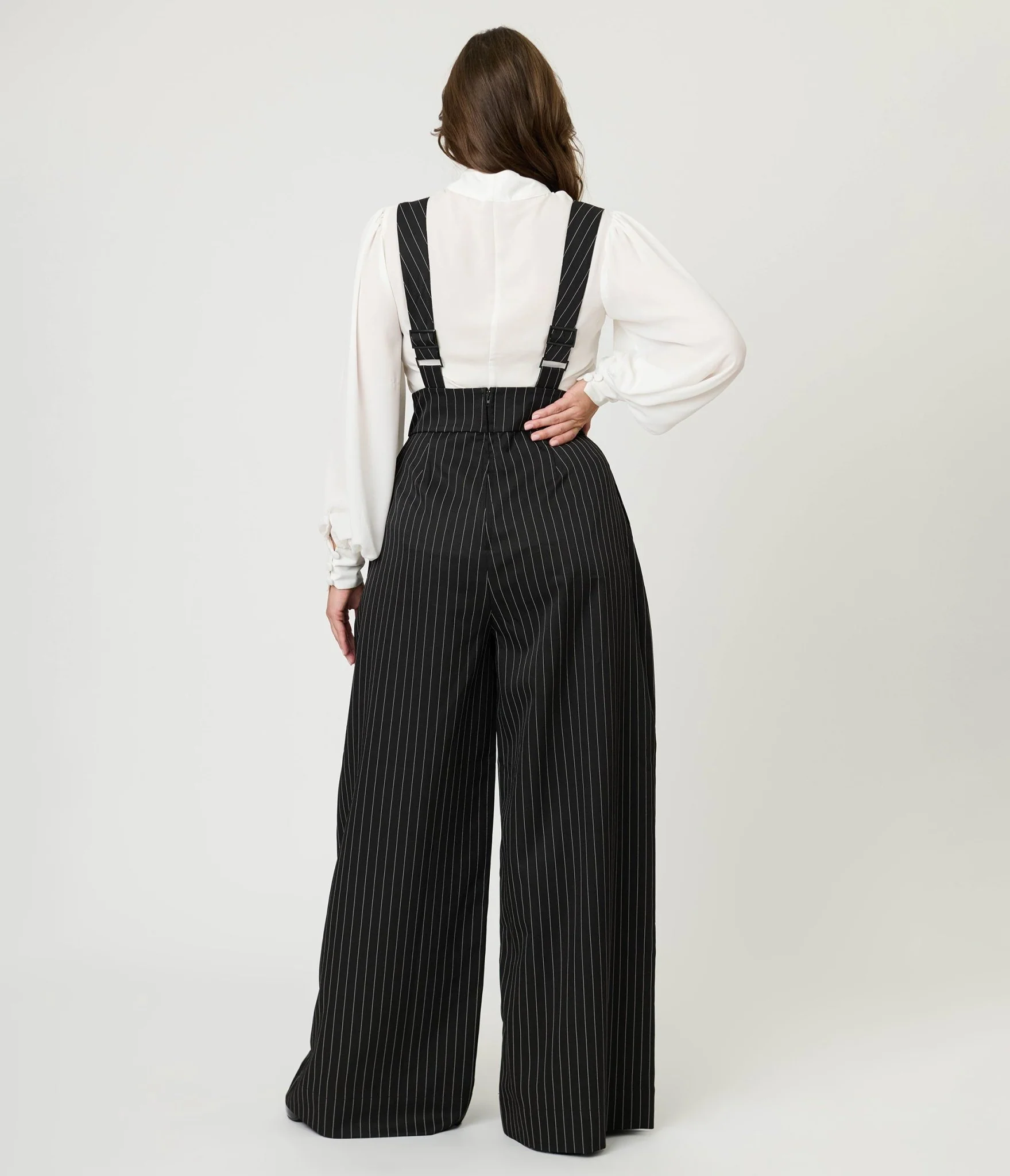 Unique Vintage Black Pinstripe Rochelle Suspender Pants - Image 2