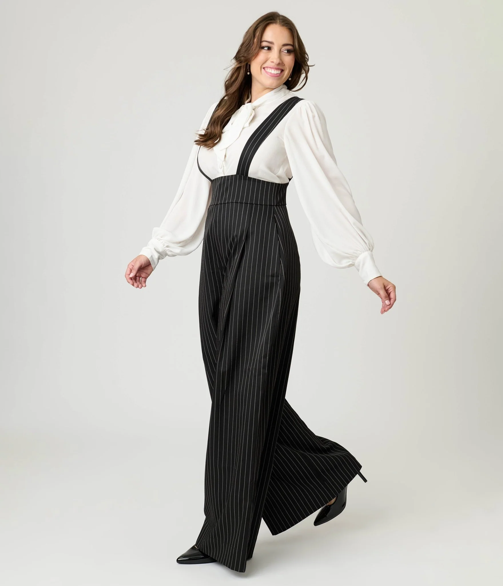 Unique Vintage Black Pinstripe Rochelle Suspender Pants - Image 3