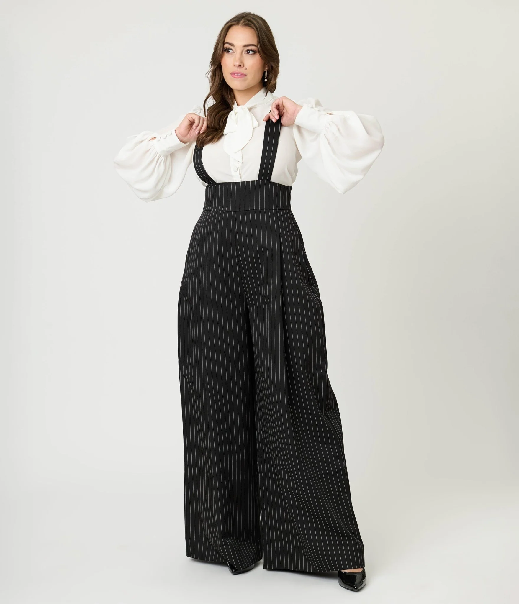 Unique Vintage Black Pinstripe Rochelle Suspender Pants - Image 4