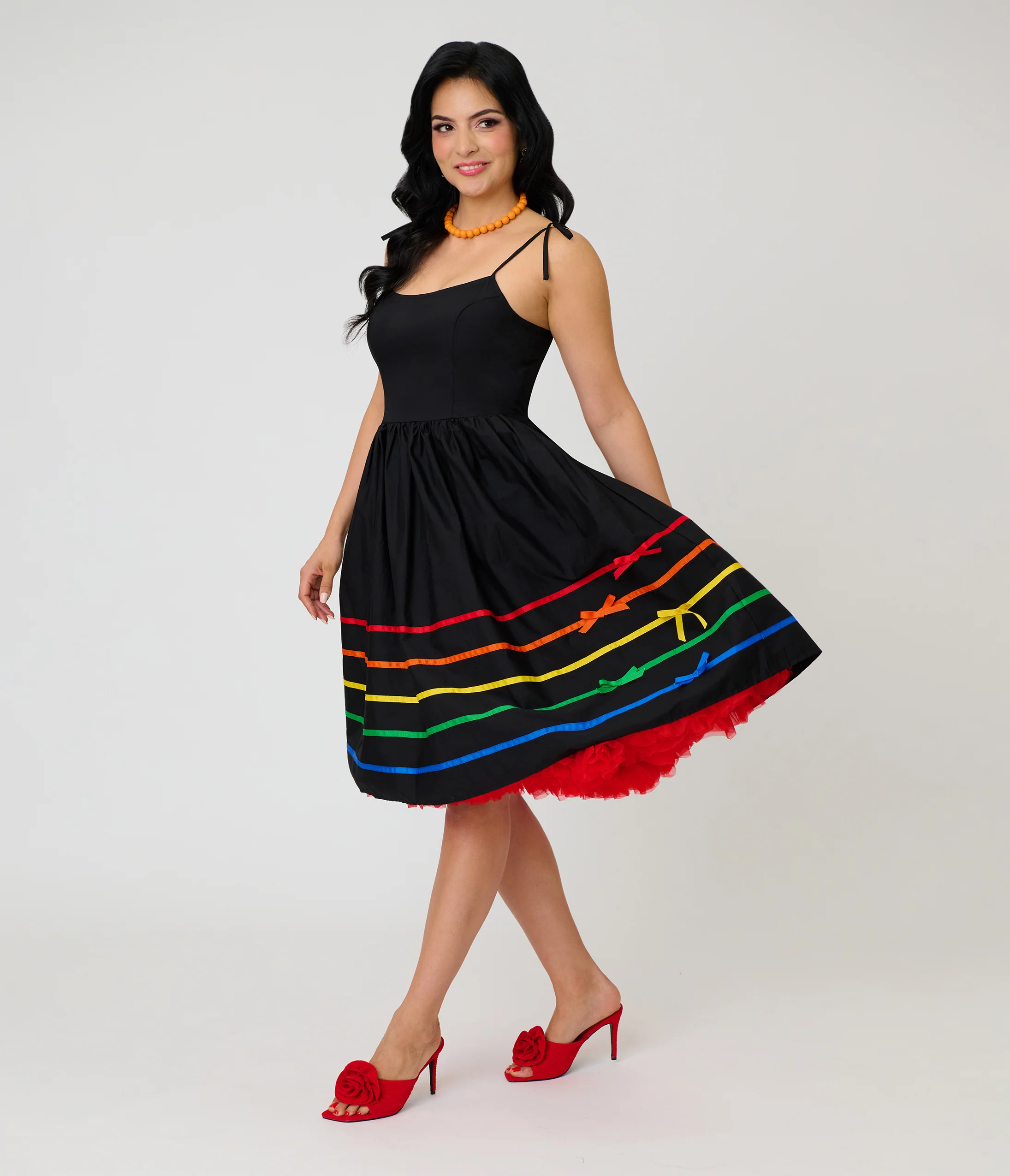 Unique Vintage Black & Rainbow Ribbon Bobbie Swing Dress