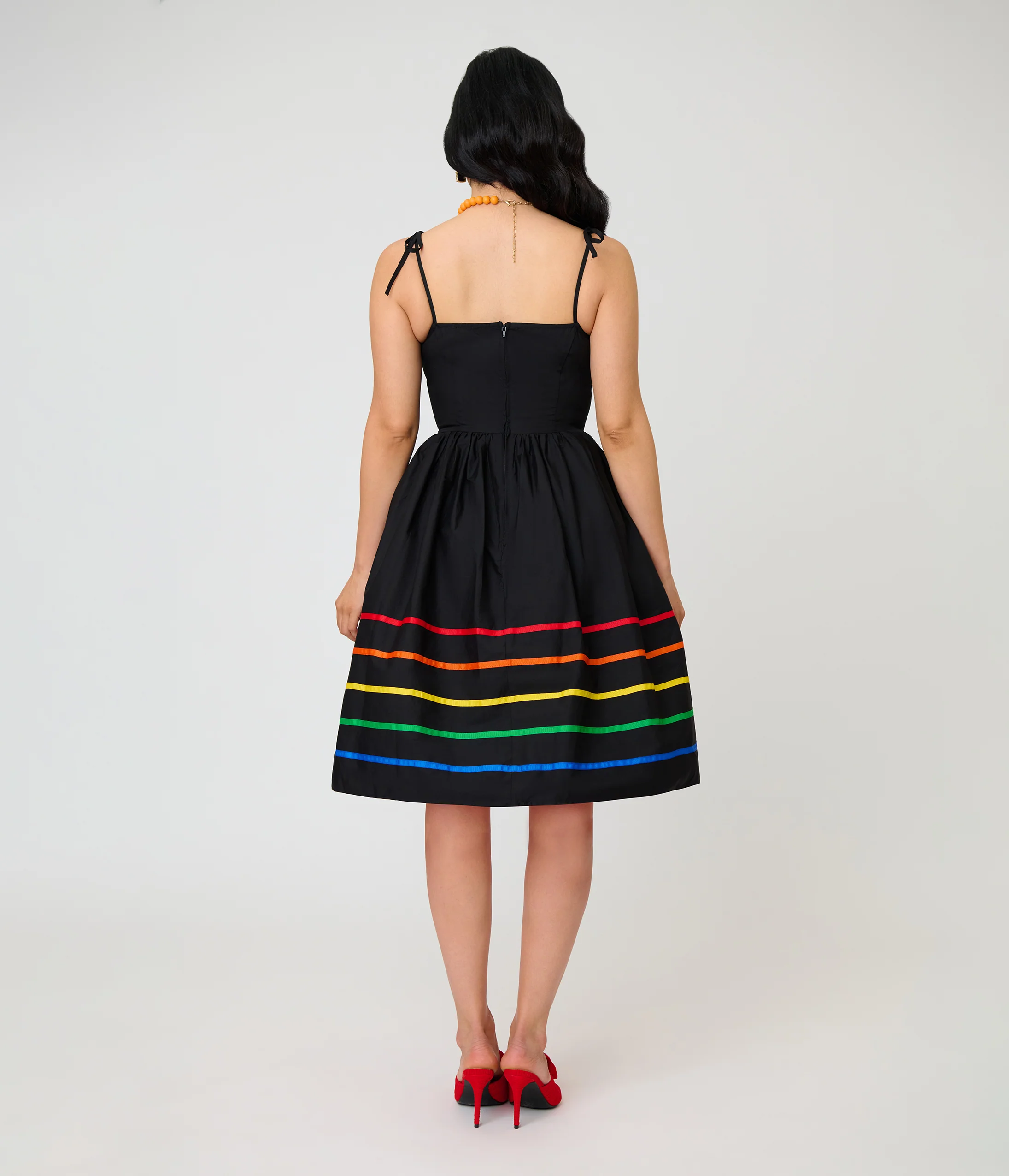 Unique Vintage Black & Rainbow Ribbon Bobbie Swing Dress - Image 2