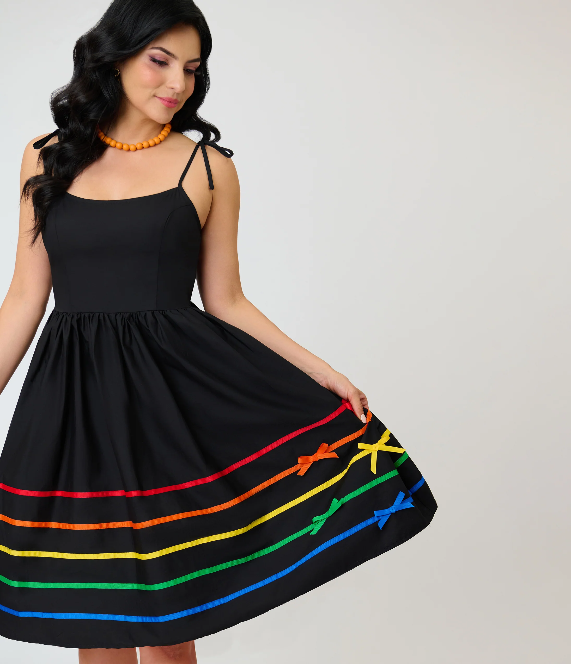 Unique Vintage Black & Rainbow Ribbon Bobbie Swing Dress - Image 3
