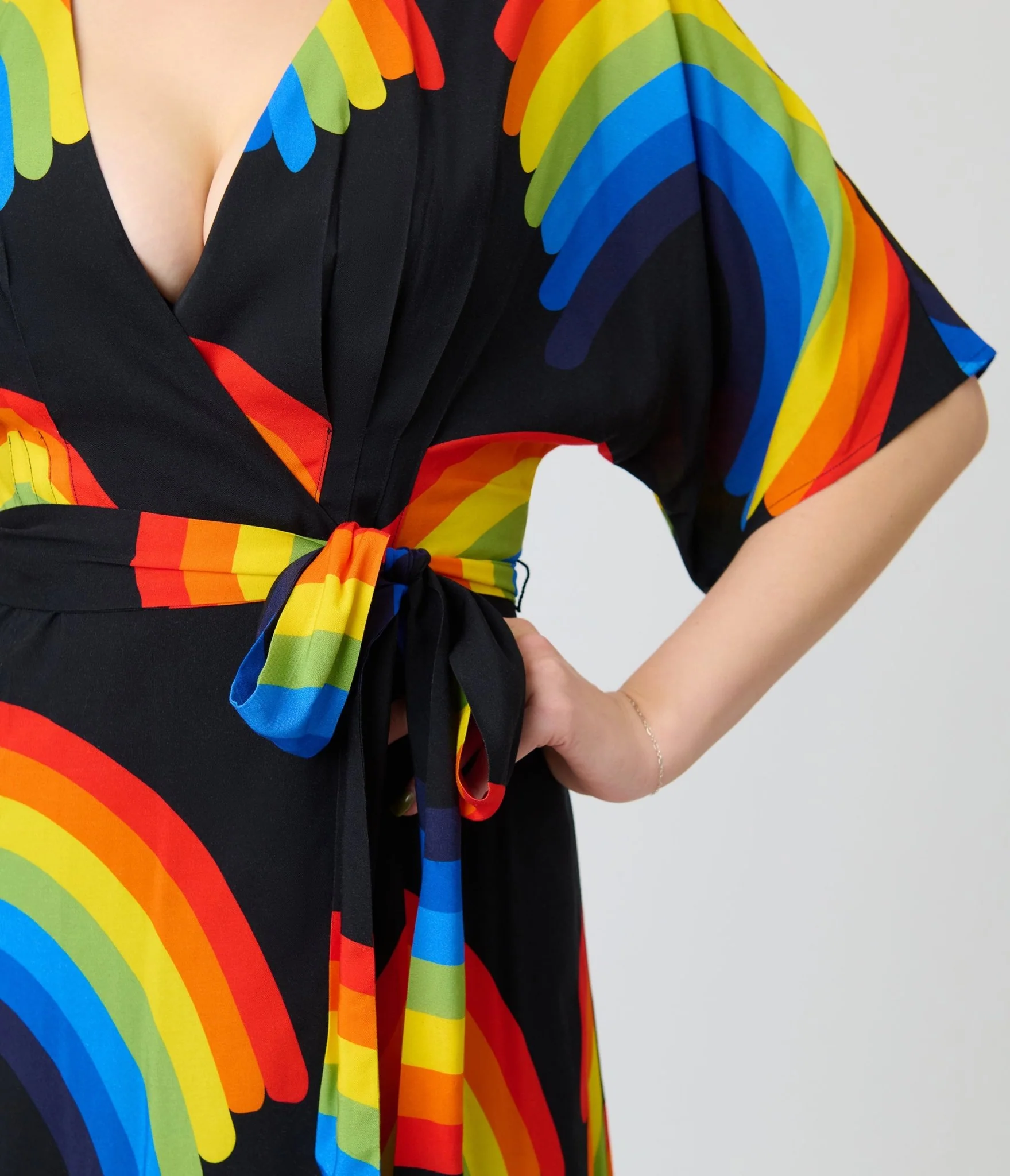Unique Vintage Black Rainbow Wrap Midi Dress - Image 5