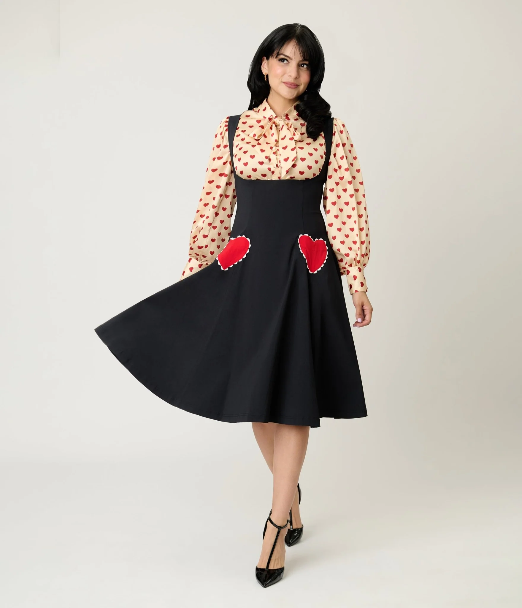 Unique Vintage Black & Red Heart Amma Swing Skirt