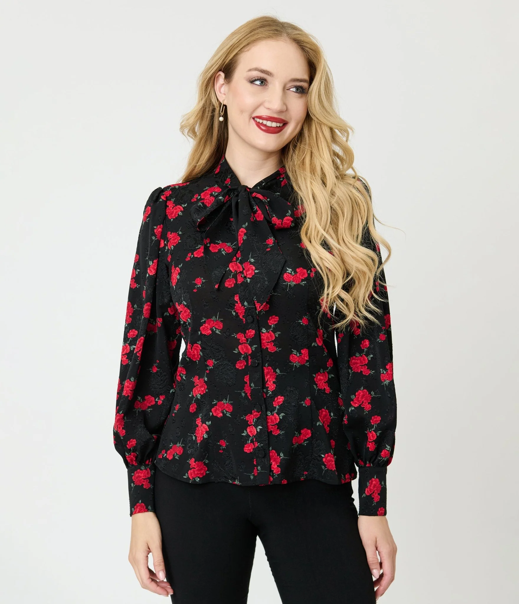 Unique Vintage Black & Red Roses Long Sleeve Gwen Blouse - Image 3