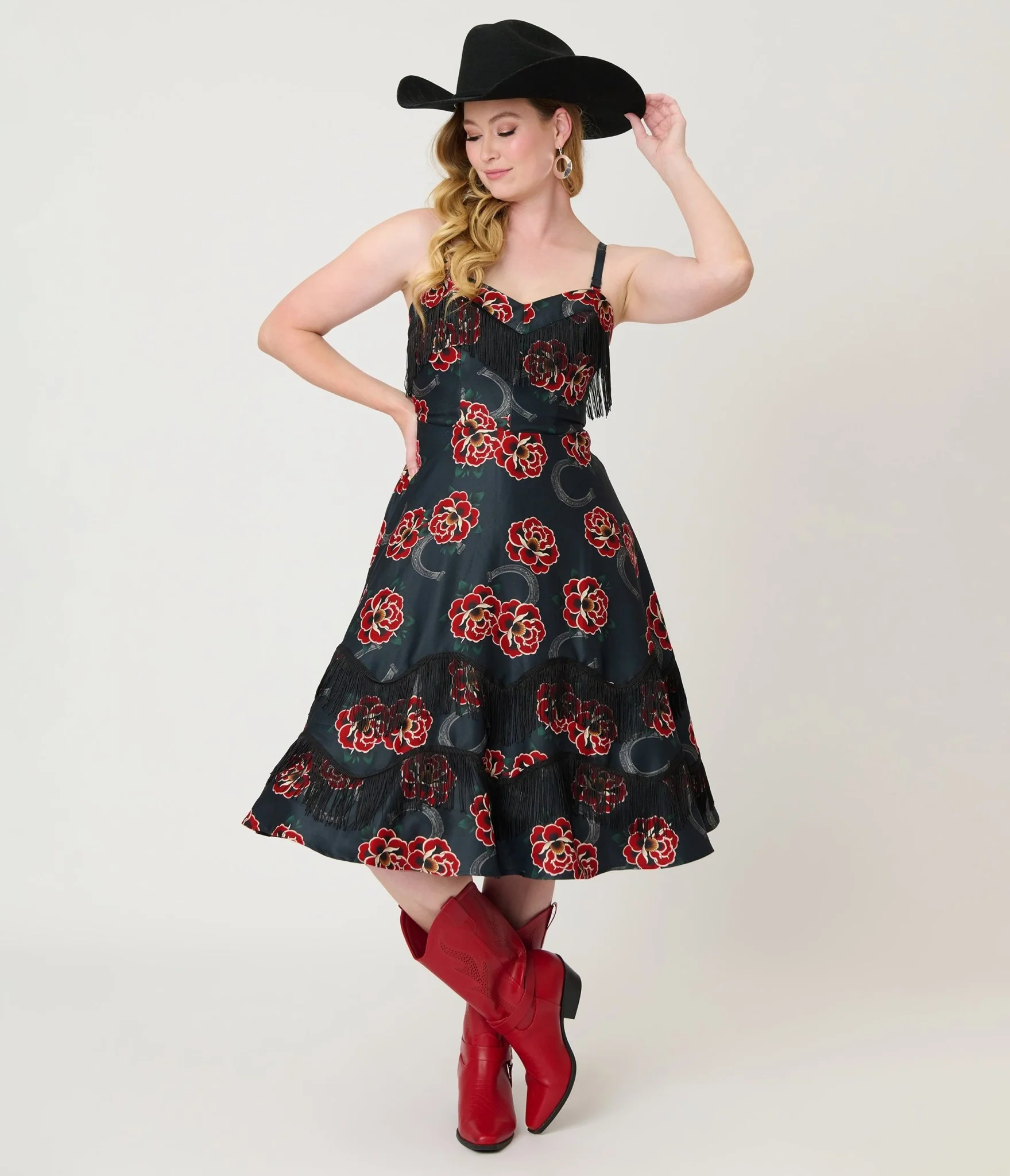 Unique Vintage Black & Rose Print Fringe Girlie Swing Dress