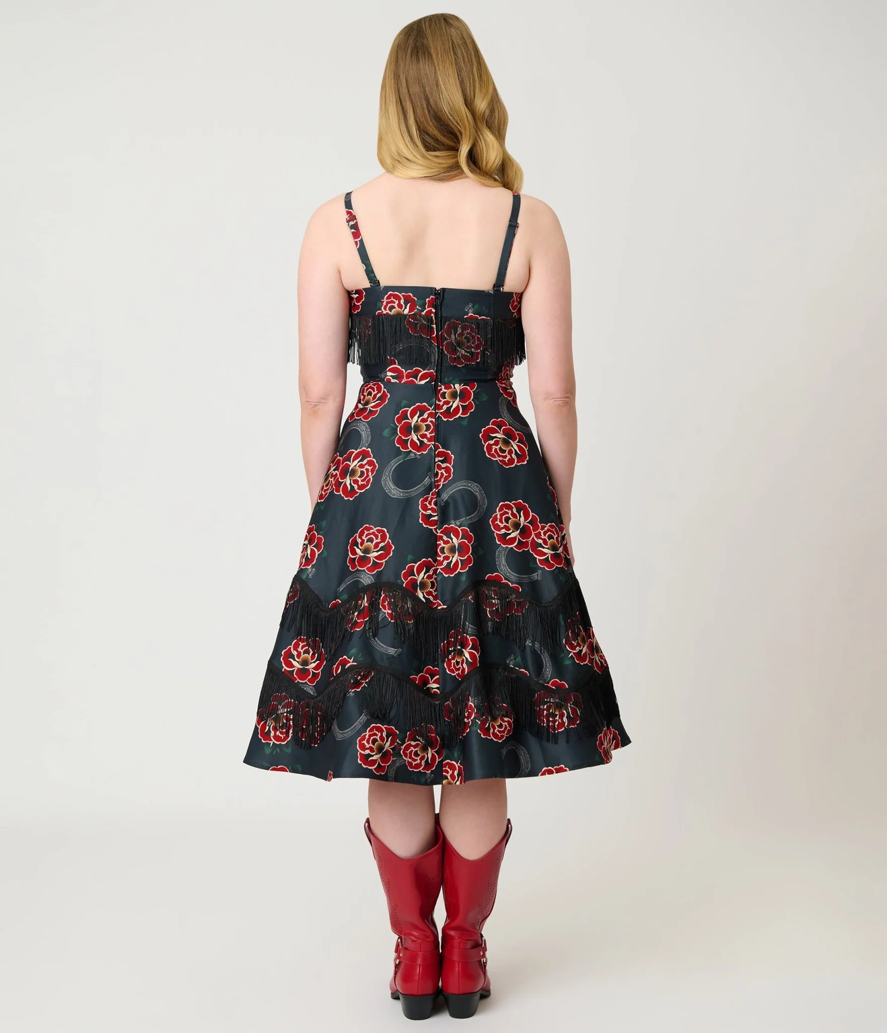 Unique Vintage Black & Rose Print Fringe Girlie Swing Dress - Image 2