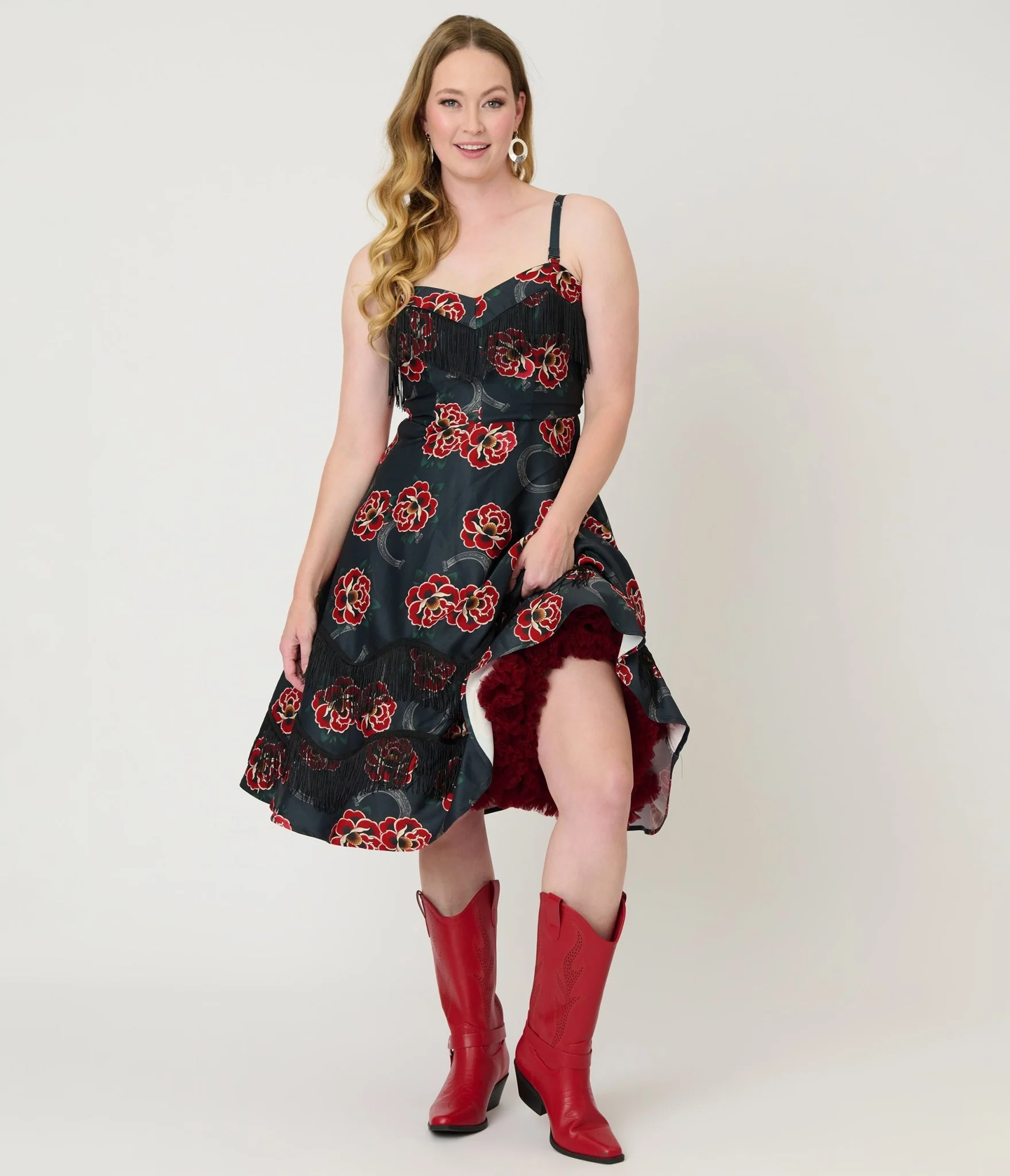 Unique Vintage Black & Rose Print Fringe Girlie Swing Dress - Image 3