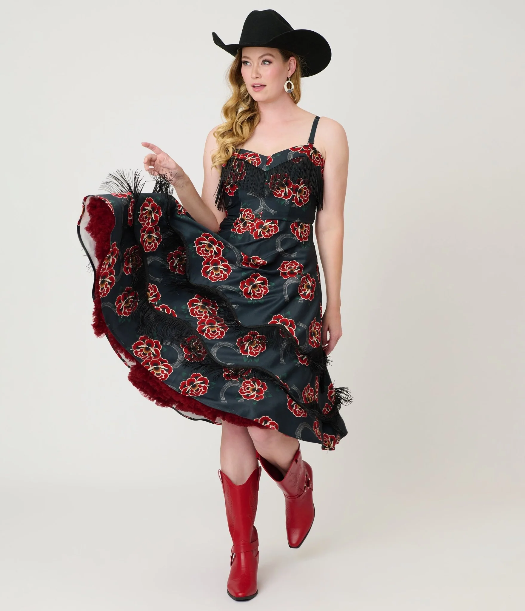 Unique Vintage Black & Rose Print Fringe Girlie Swing Dress - Image 4