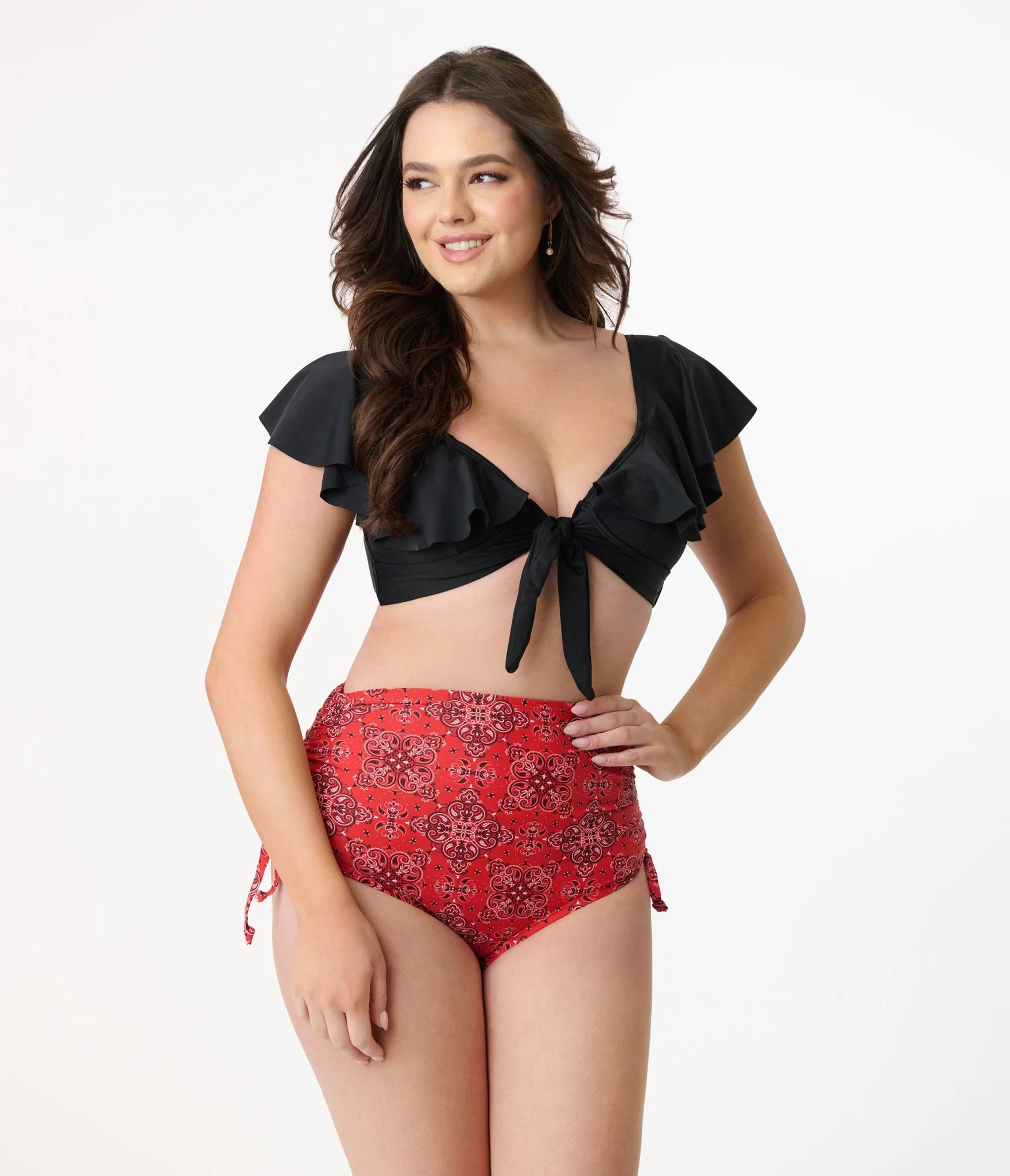 Unique Vintage Black Ruffled Cap Sleeve Frida Swim Top - Image 3