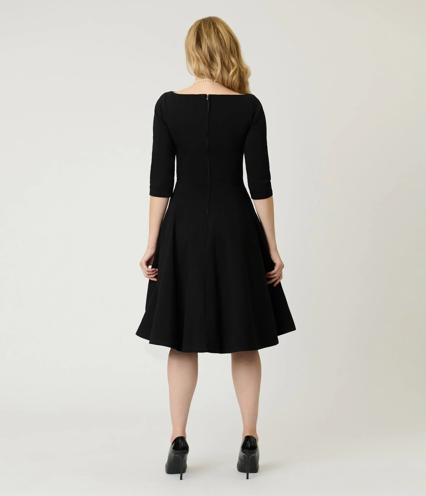 Unique Vintage Black Scalloped Neck Swing Dress - Image 2