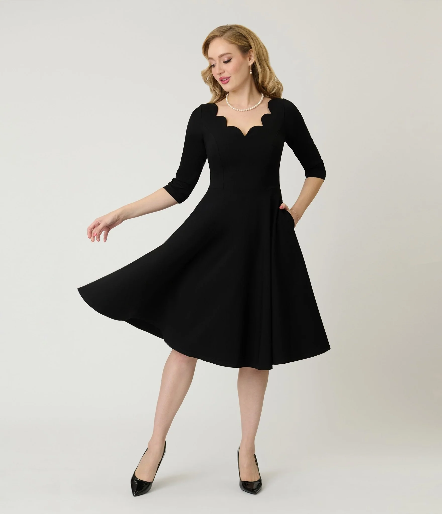 Unique Vintage Black Scalloped Neck Swing Dress - Image 3