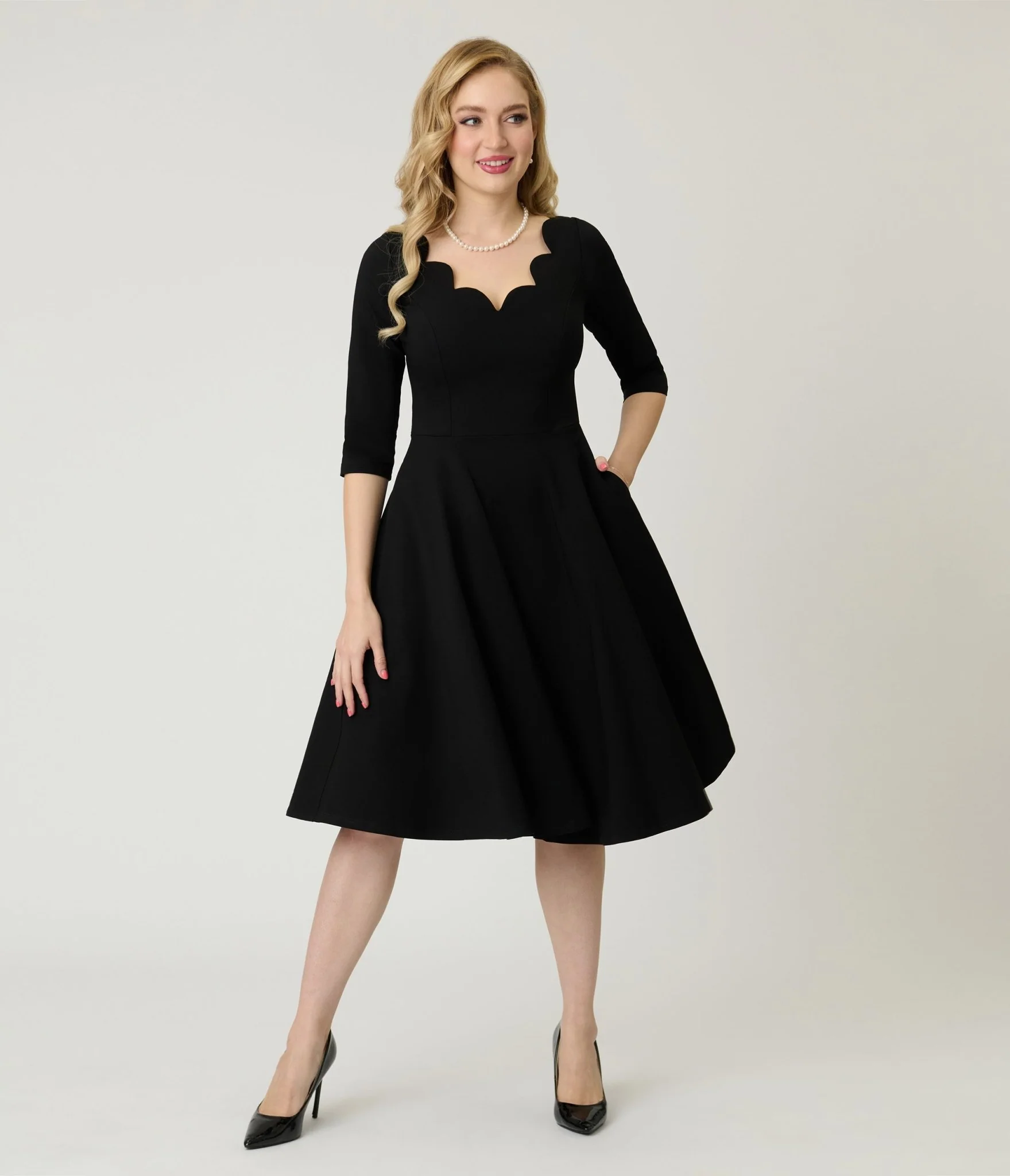 Unique Vintage Black Scalloped Neck Swing Dress - Image 4