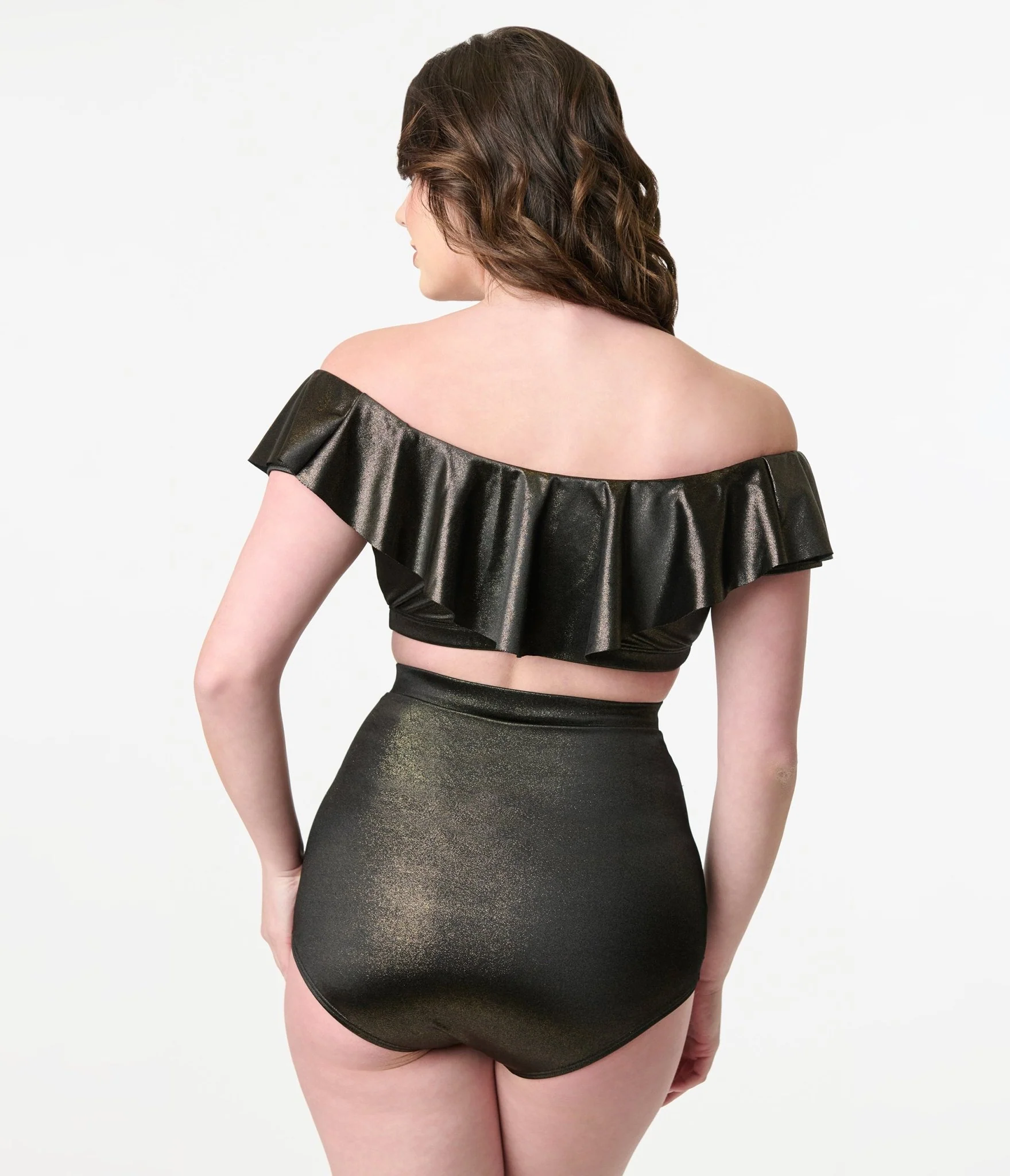 Unique Vintage Black Shimmer Ruffled Ramona Swim Top - Image 2