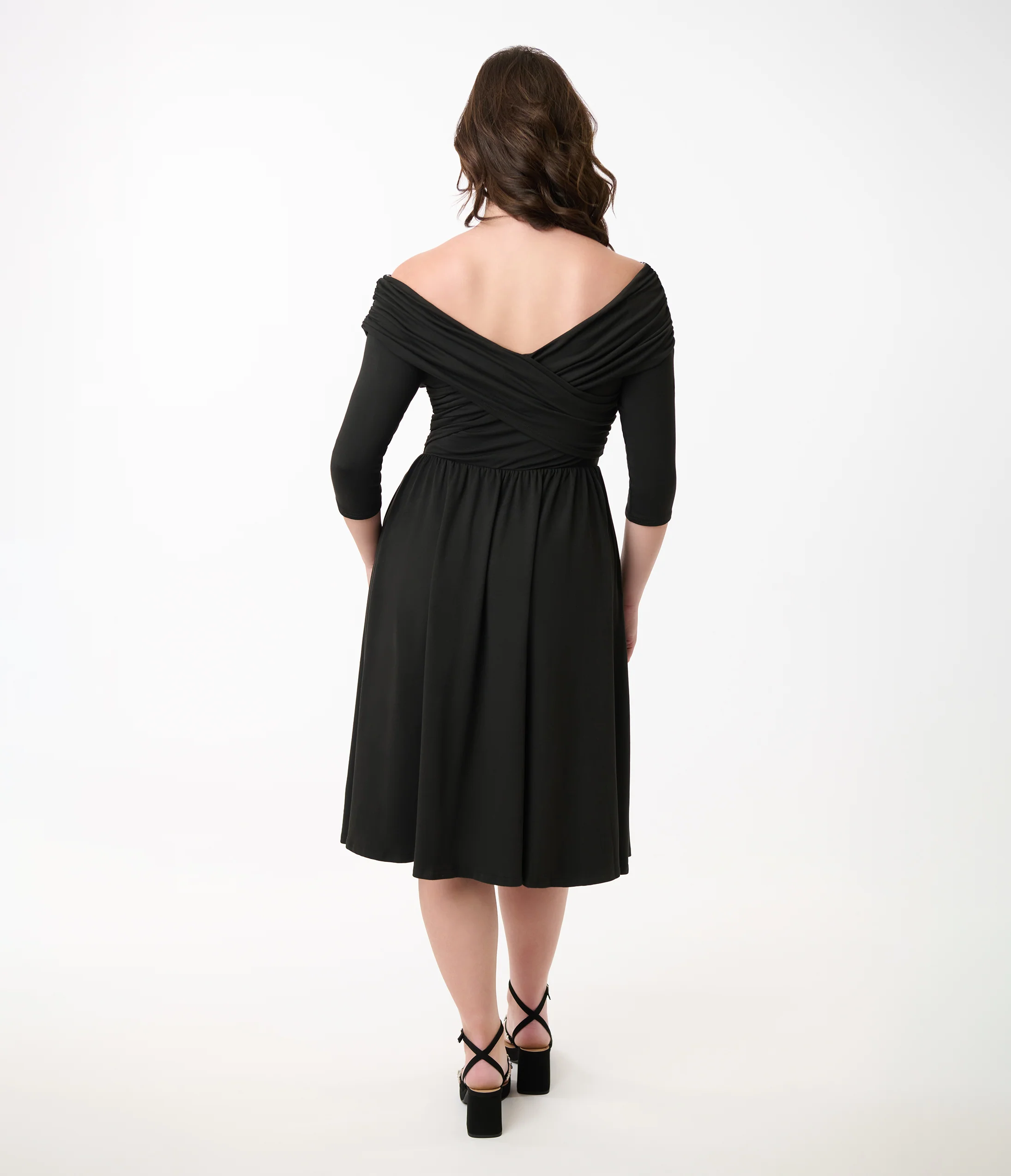 Unique Vintage Black Shirred Off Shoulder Swing Dress - Image 2
