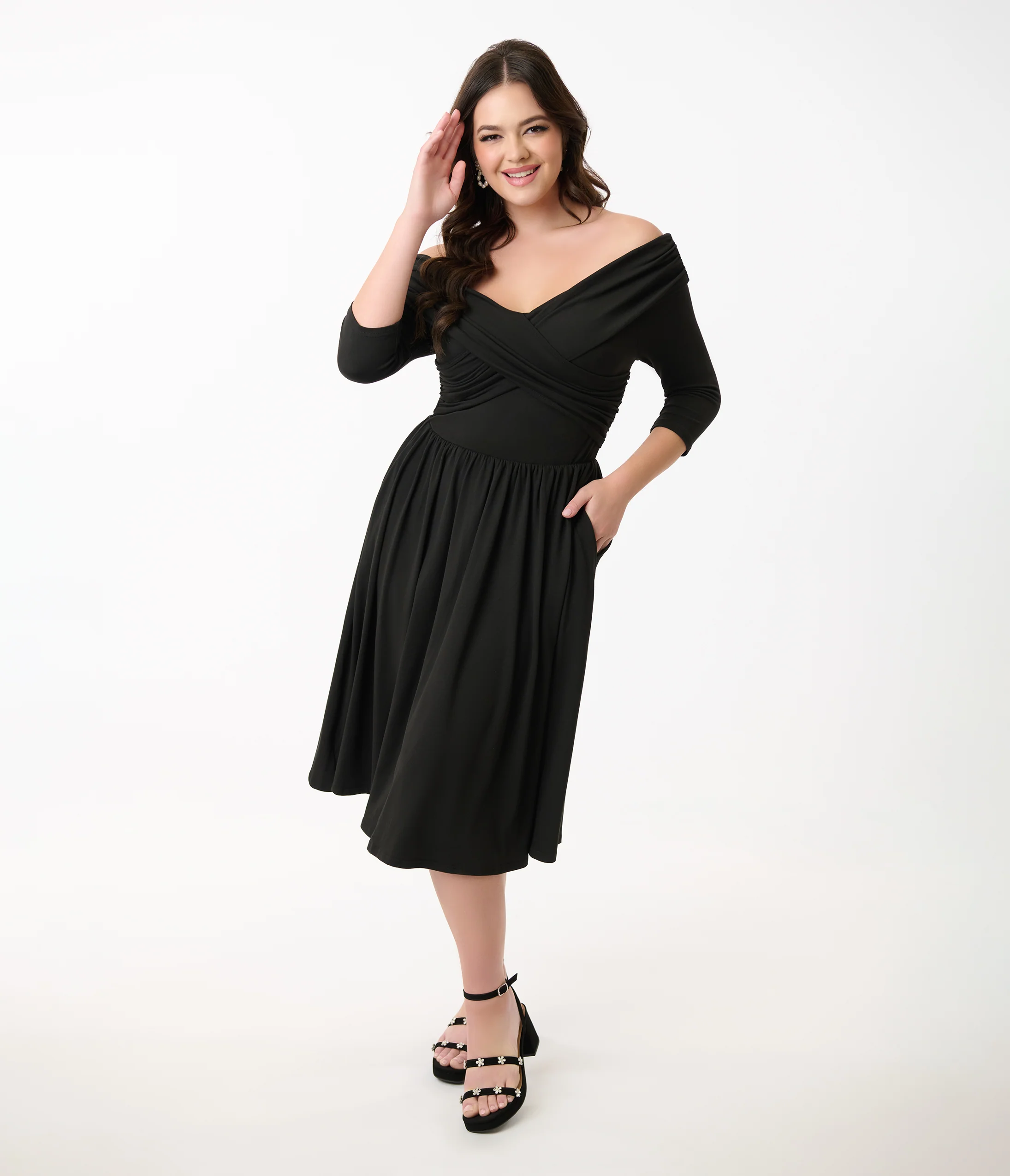 Unique Vintage Black Shirred Off Shoulder Swing Dress - Image 3