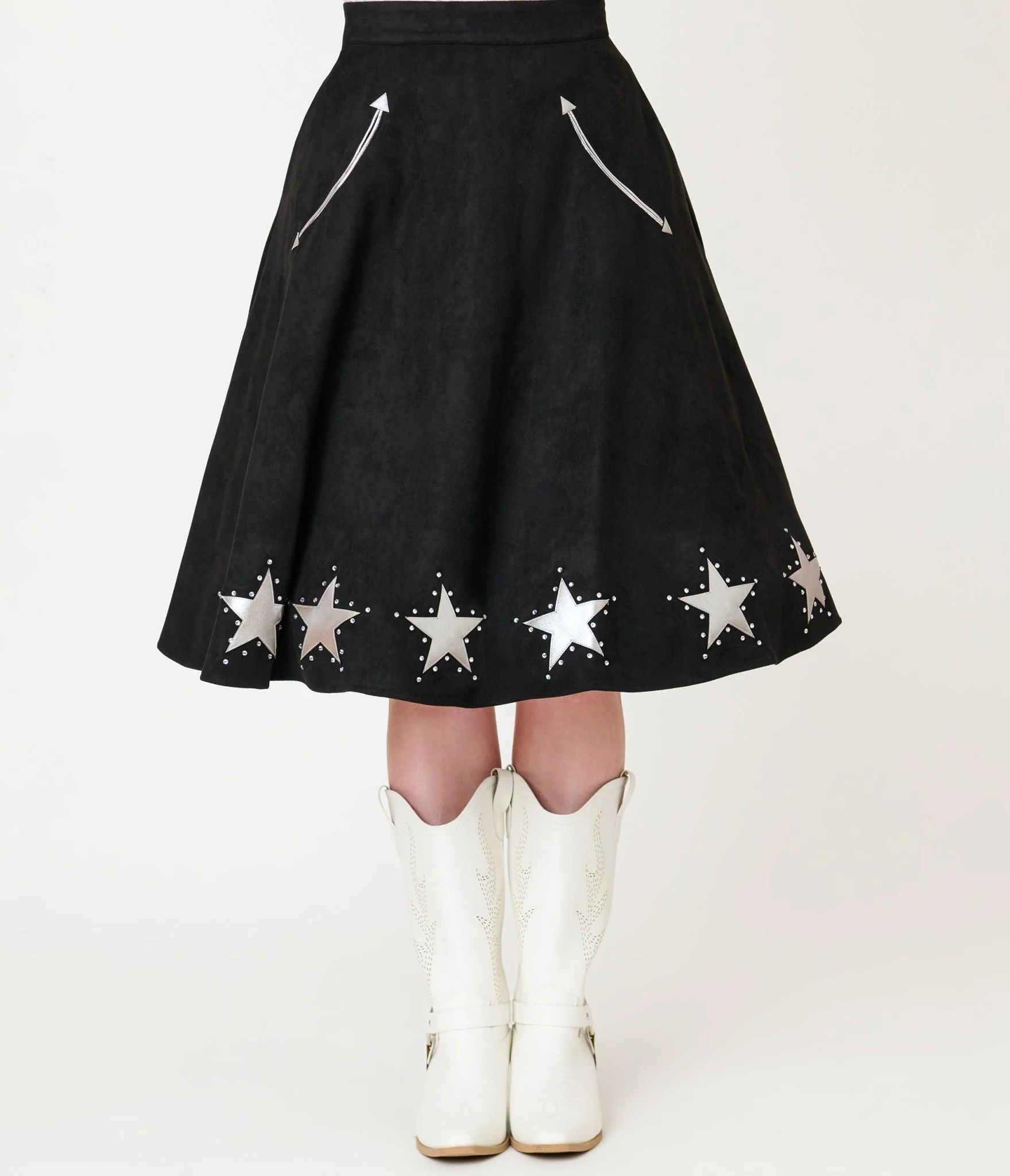 Unique Vintage Black & Silver Rhinestone Stars Western Suede Swing Skirt - Image 2