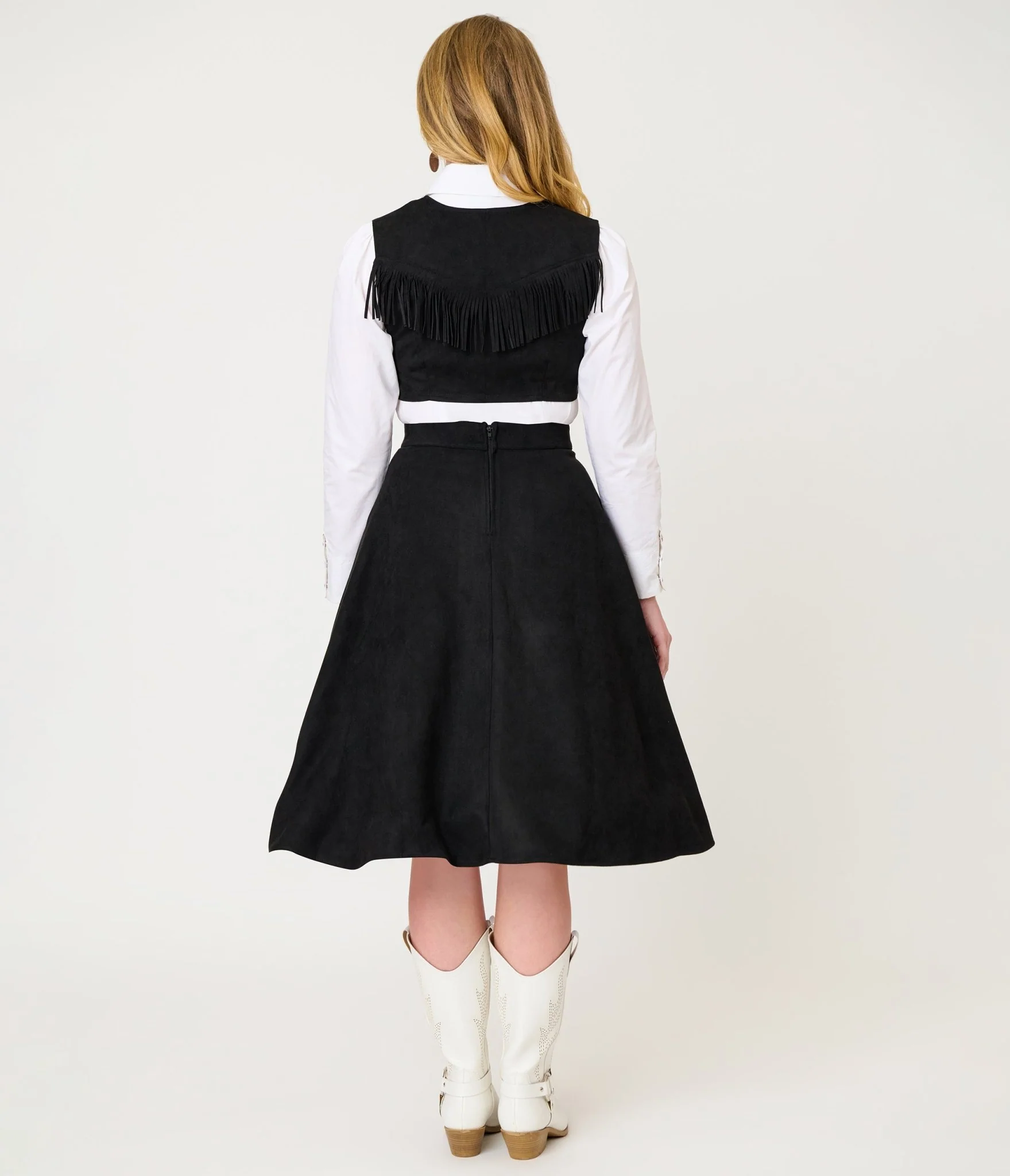 Unique Vintage Black & Silver Rhinestone Stars Western Suede Swing Skirt - Image 3