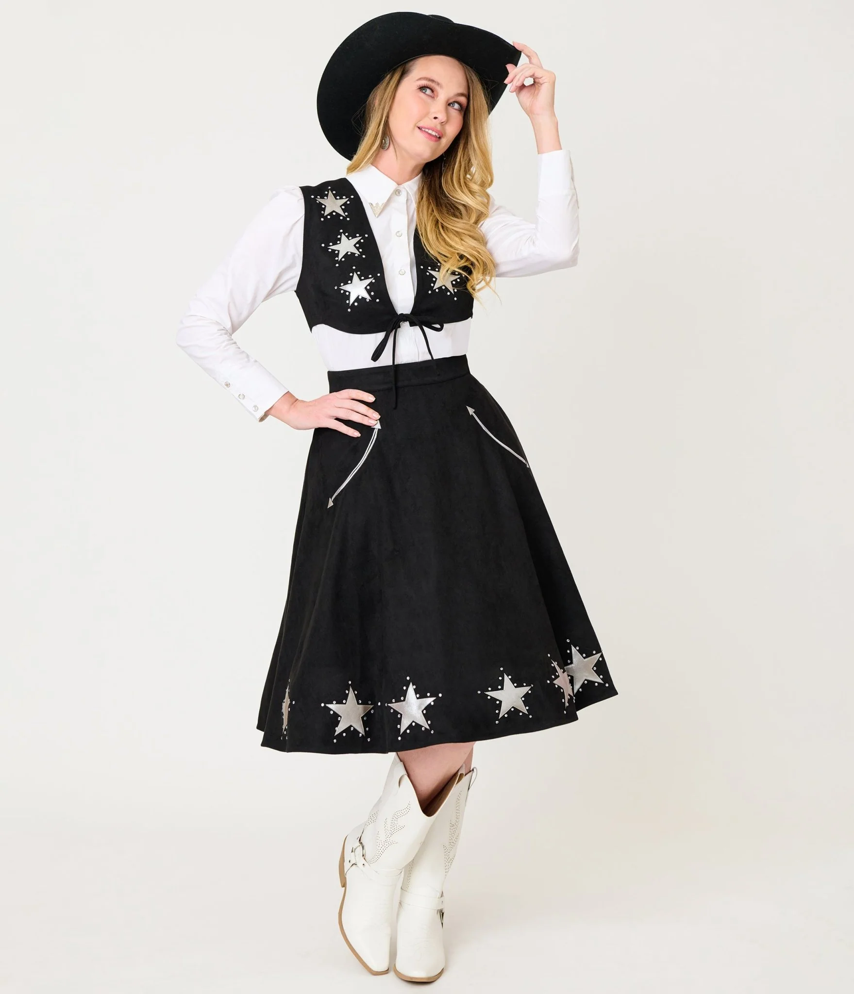 Unique Vintage Black & Silver Rhinestone Stars Western Suede Swing Skirt - Image 4