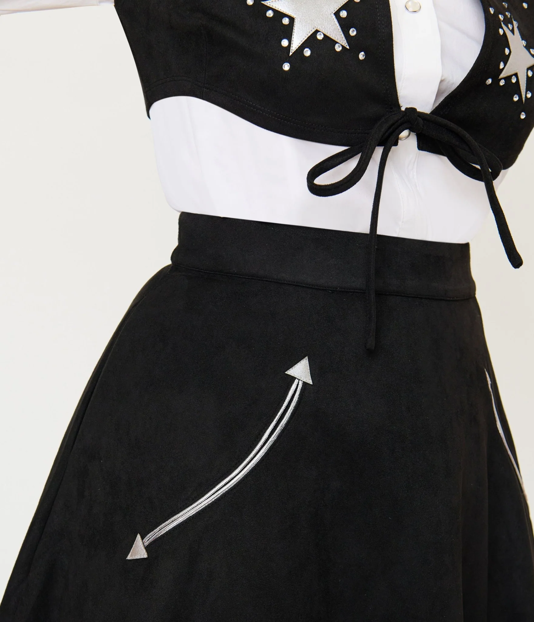 Unique Vintage Black & Silver Rhinestone Stars Western Suede Swing Skirt - Image 5