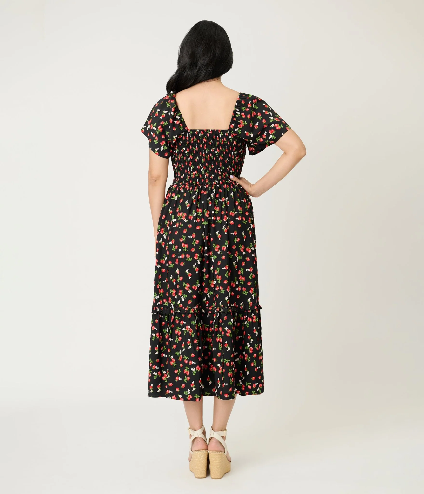Unique Vintage Black & Strawberry Print Smocked Bodice Midi Dress - Image 2