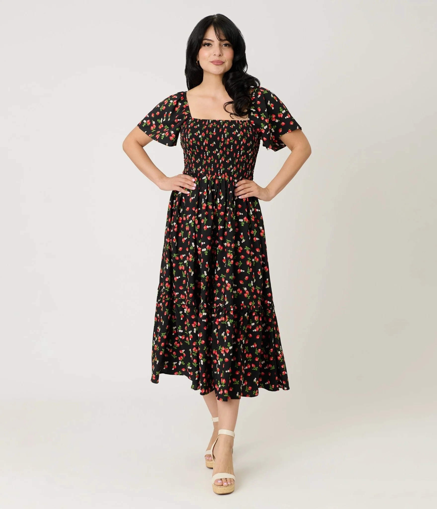 Unique Vintage Black & Strawberry Print Smocked Bodice Midi Dress - Image 3