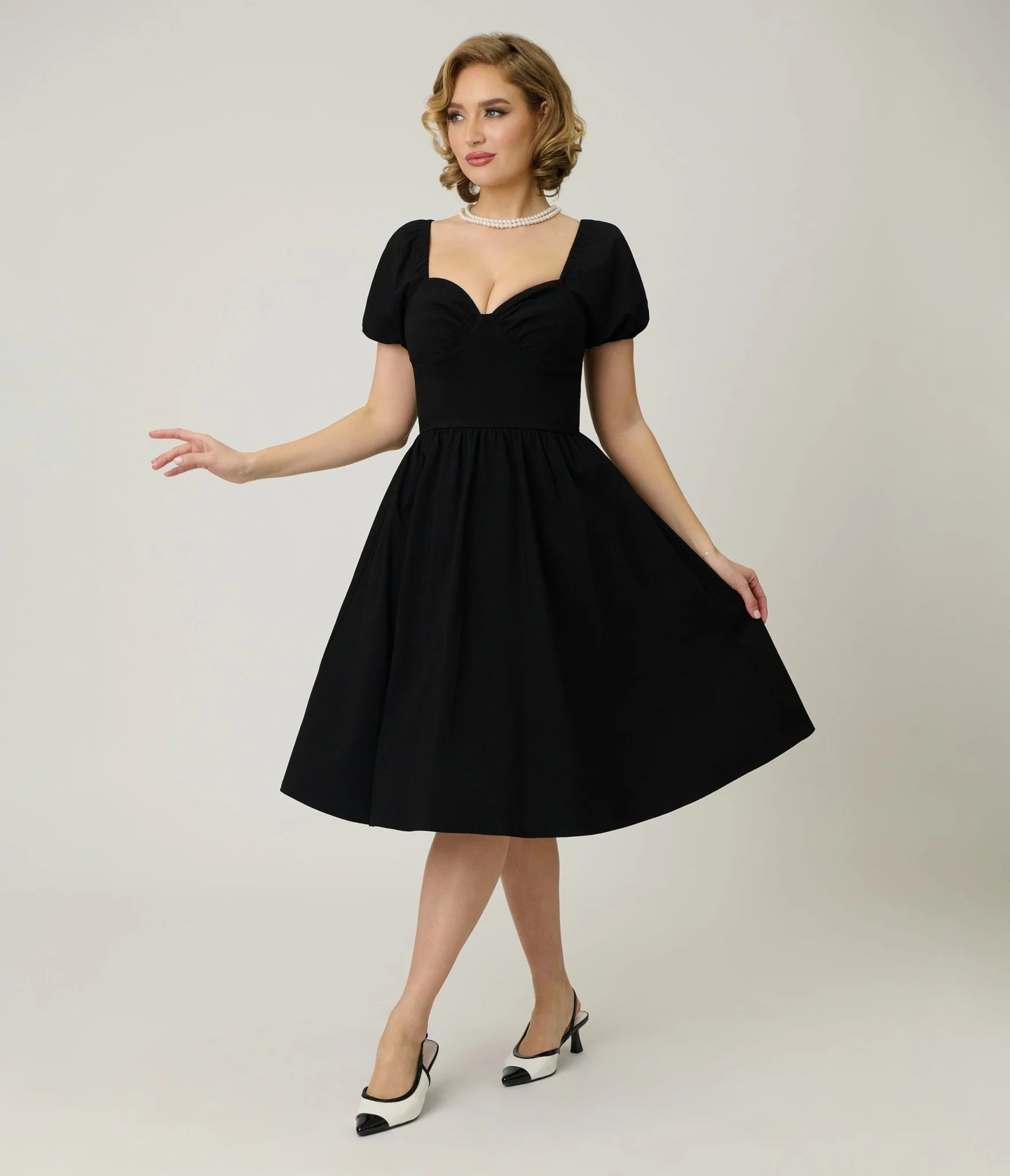 Unique Vintage Black Sweetheart Puff Sleeve Swing Dress - Image 3
