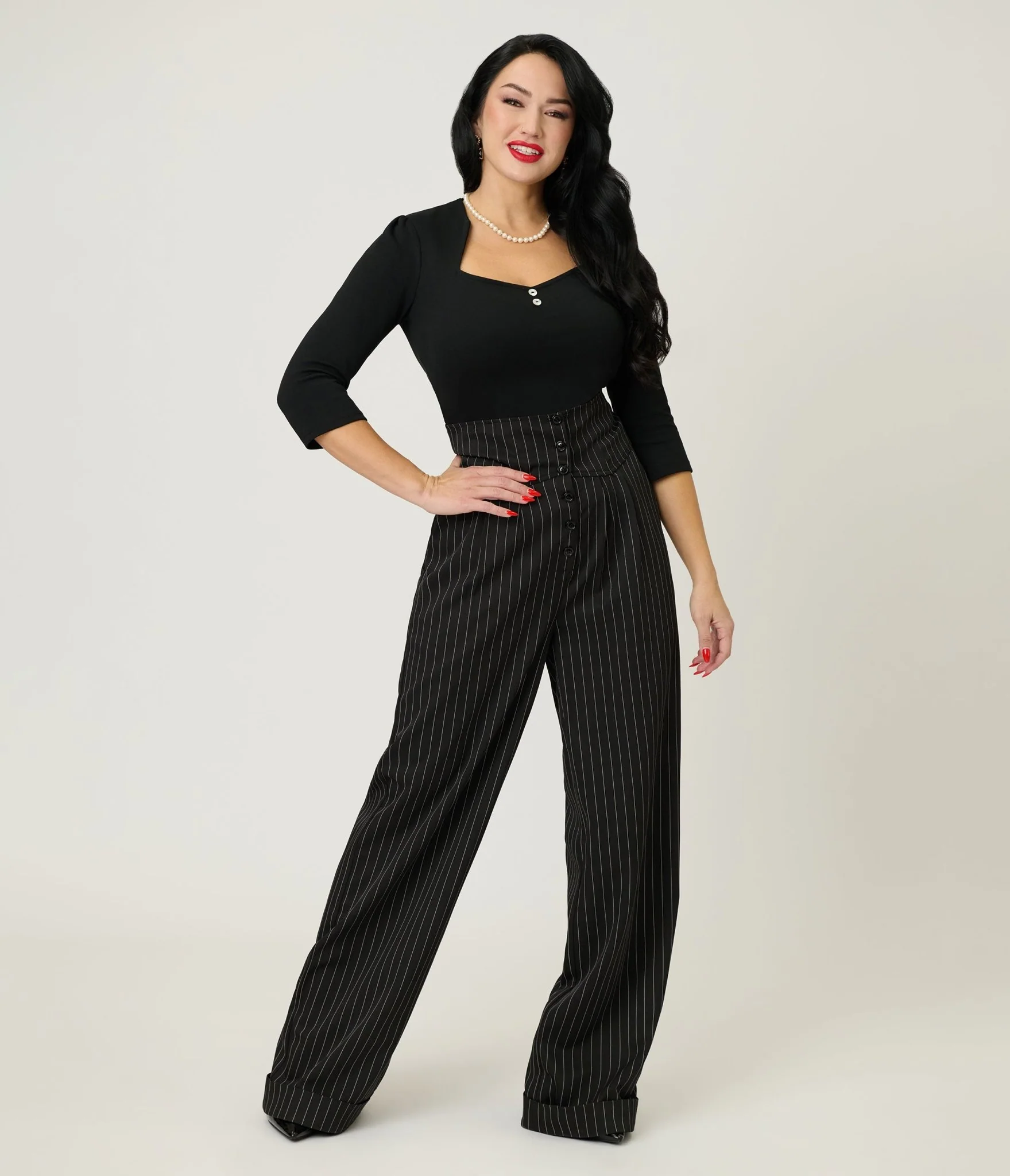 Unique Vintage Black Three Quarter Length Sleeve Pentagon Collar Top - Image 3