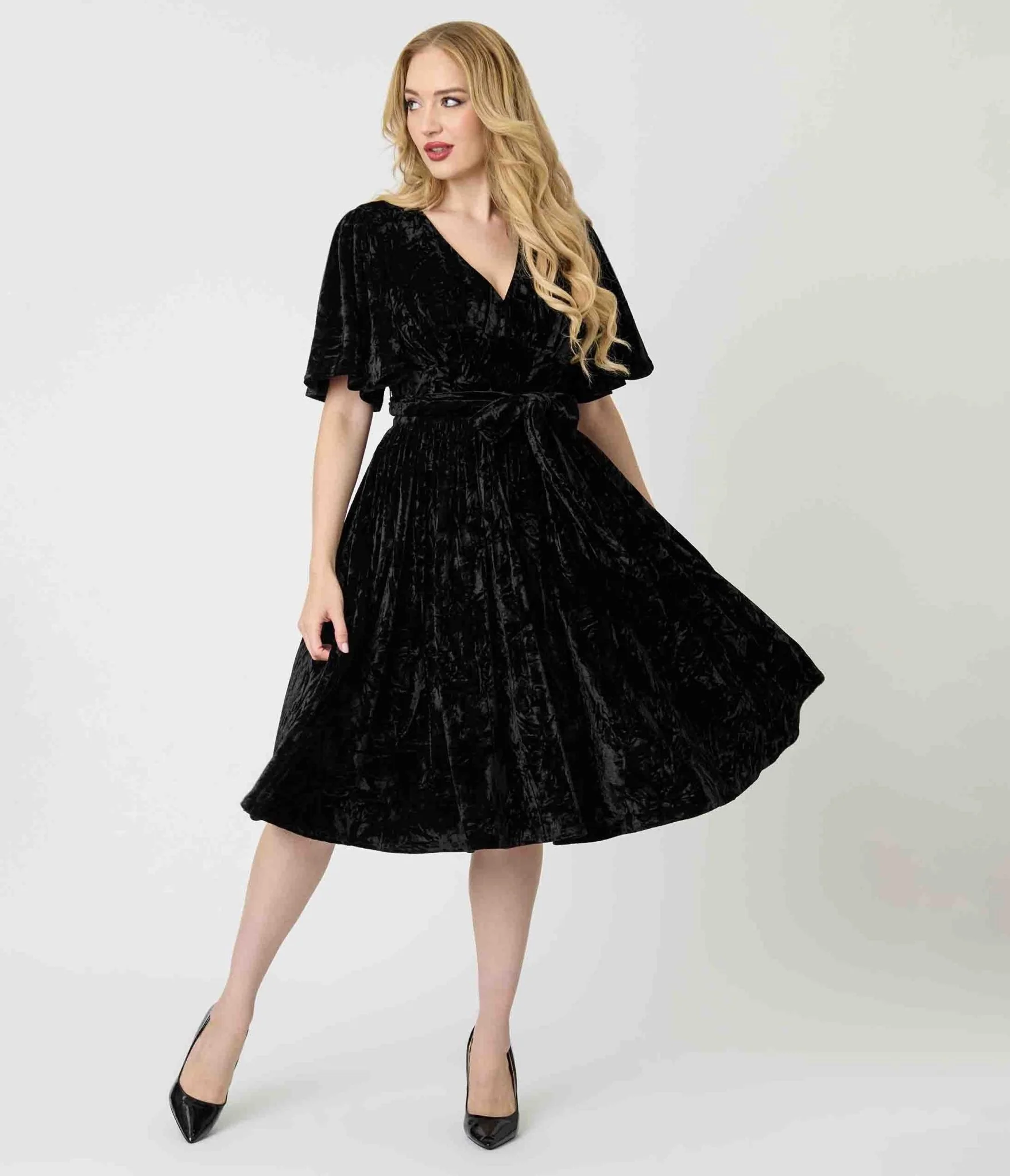 Unique Vintage Black Velvet Flutter Sleeve Lenora Swing Dress