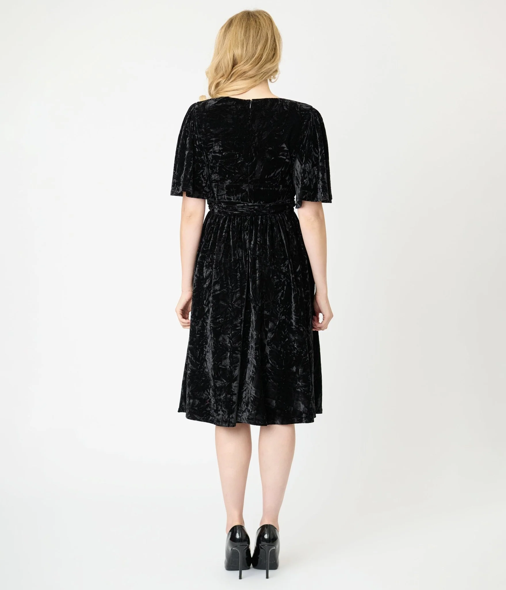 Unique Vintage Black Velvet Flutter Sleeve Lenora Swing Dress - Image 2